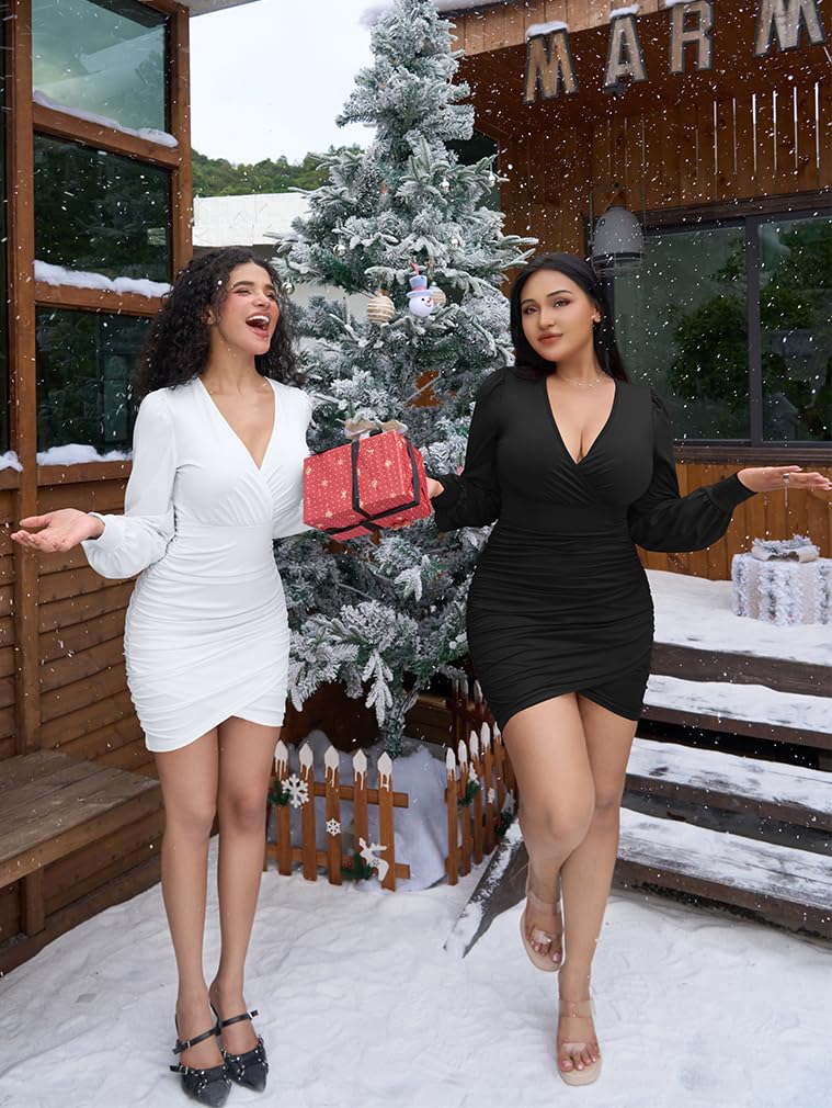 Sexy Bodycon Long Sleeve Deep V Neck Ruched Mini Dress for Women - Perfect for Cocktail Parties, Nightclubs & Date Nights