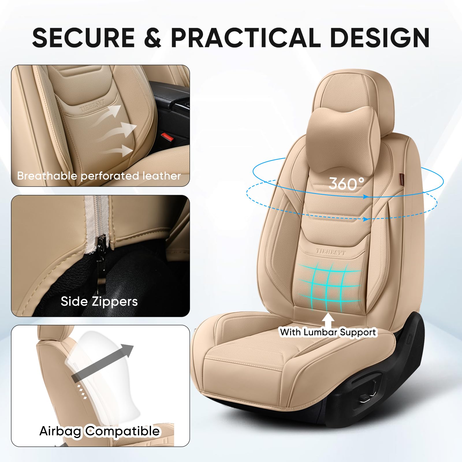 Beige Car Seat Covers Front Pair - Breathable Leather Auto Seat Protectors with Headrest | Universal Fit for Sedans, SUVs & Pickup Trucks | Perfect for Daily Commute, Road Trips & Family Travel