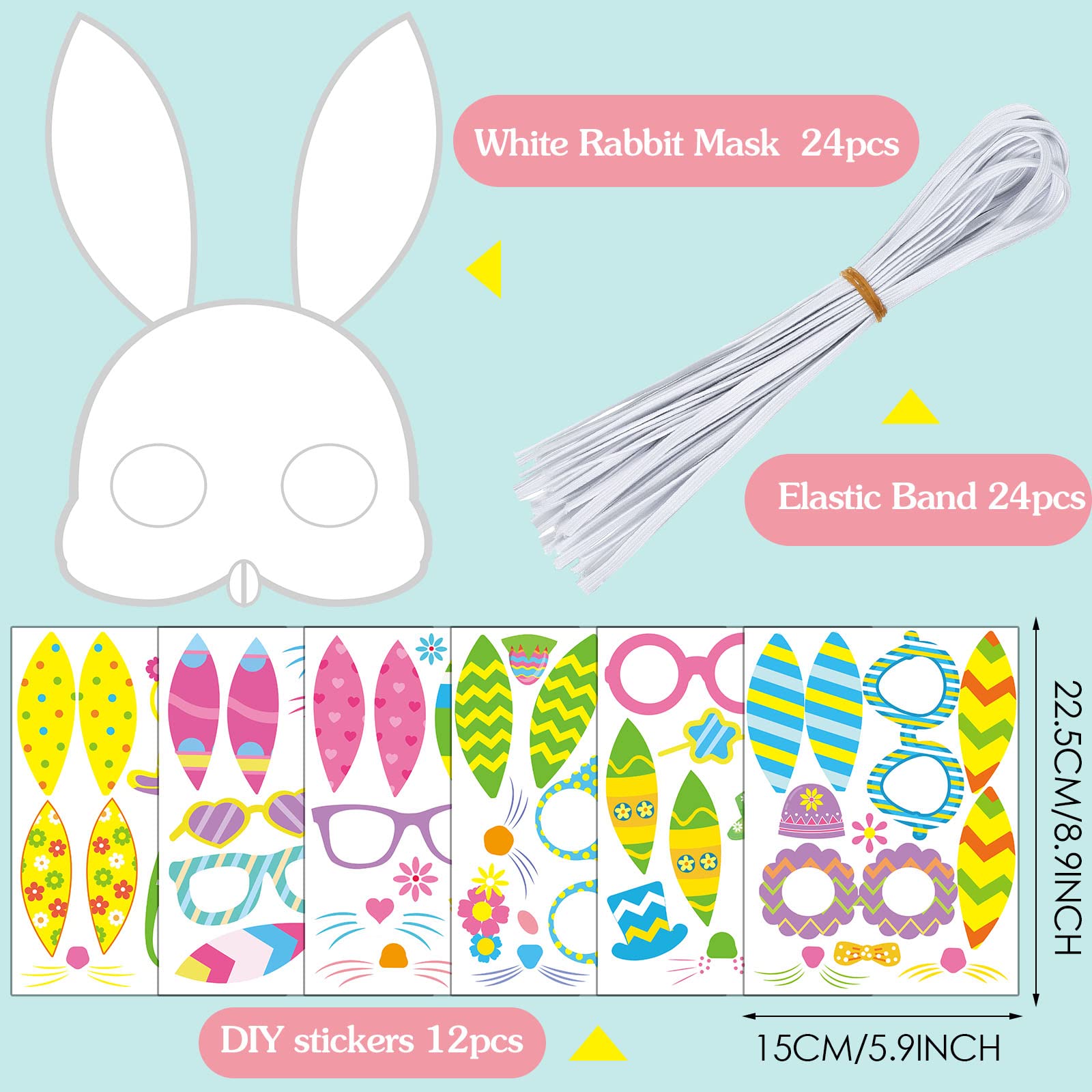 24-Pack DIY Easter Bunny Mask Craft Kits for Kids - Bunny Masks, Stickers & Elastic Bands - Fun Easter Crafts, Pretend Play & DIY Activities - Perfect for Easter Egg Hunts, Theme Parties & Classroom Celebrations