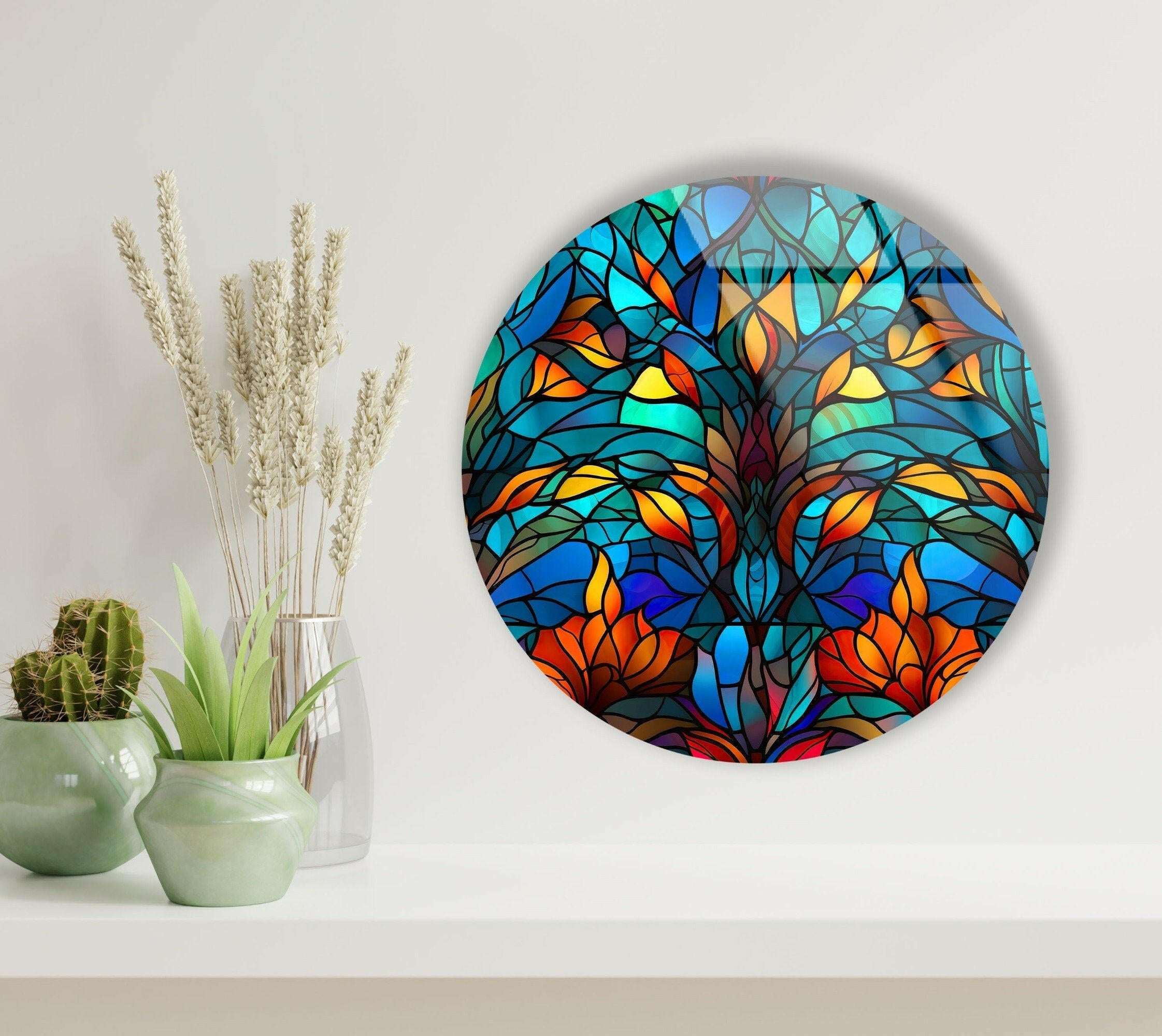 Blue Stained Glass Round Tree Wall Art - Handmade Home Decor for Living Room, Bedroom & Office
