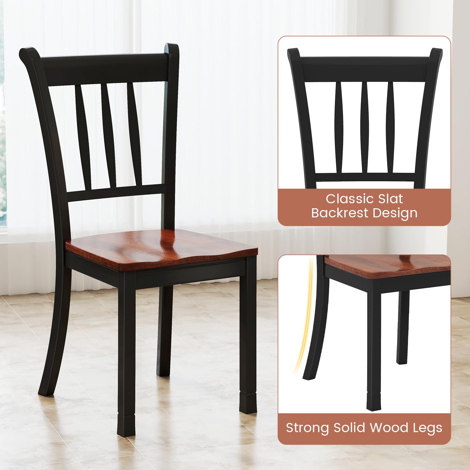 Solid Wood Dining Chairs Set of 2 - Modern Farmhouse Kitchen Chairs with Curved Slat Back, Sturdy Wooden Dining Room Chairs for Kitchen & Breakfast Nook (Black) - Perfect for Small Spaces & Cozy Dining Areas