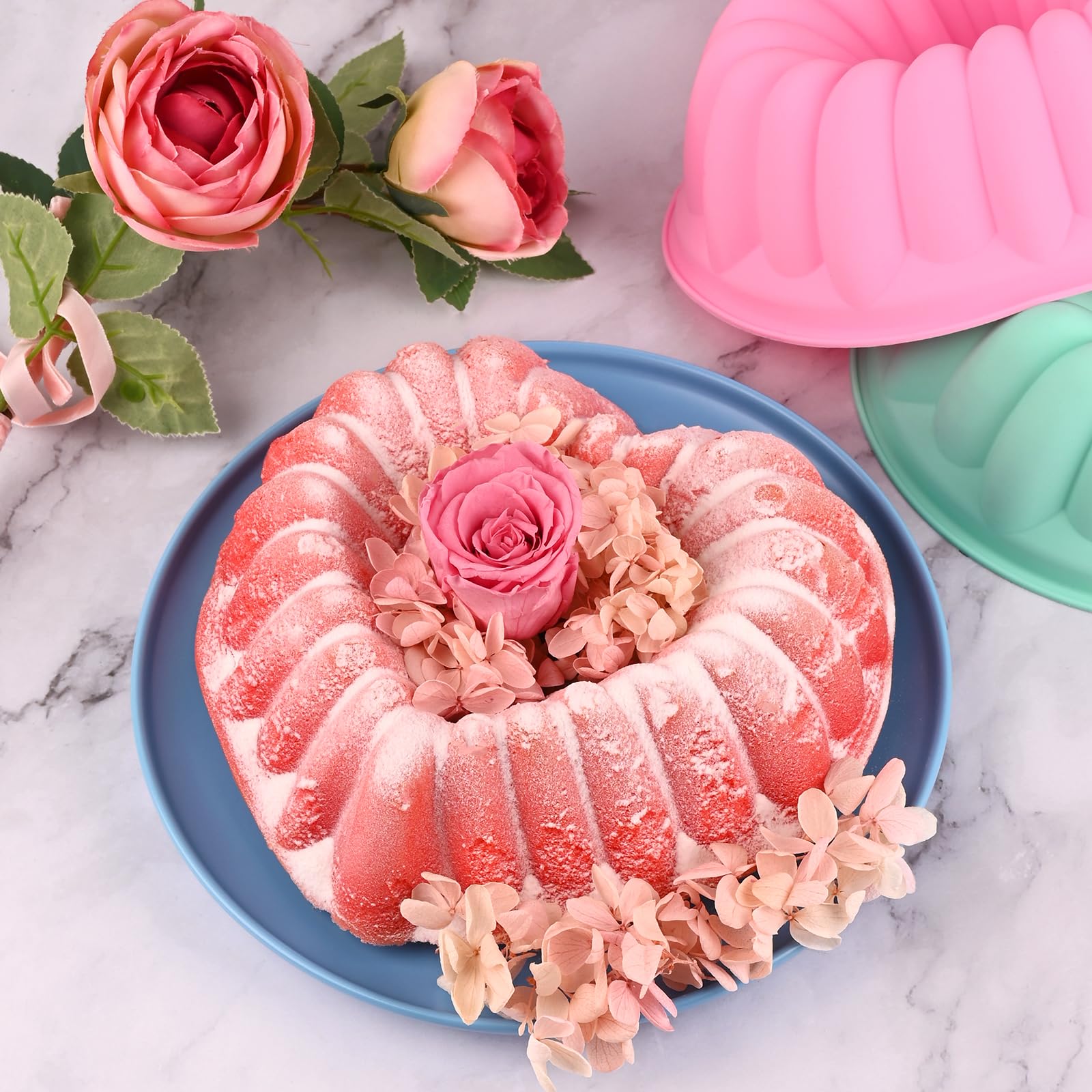 HUAKENER 2 Pack 9 Inch Heart Bundt Pans - Nonstick Silicone Cake Molds for Valentine's Day Baking, Romantic Desserts & Special Occasion Cakes (Perfect for Wedding, Anniversary & Birthday Parties)