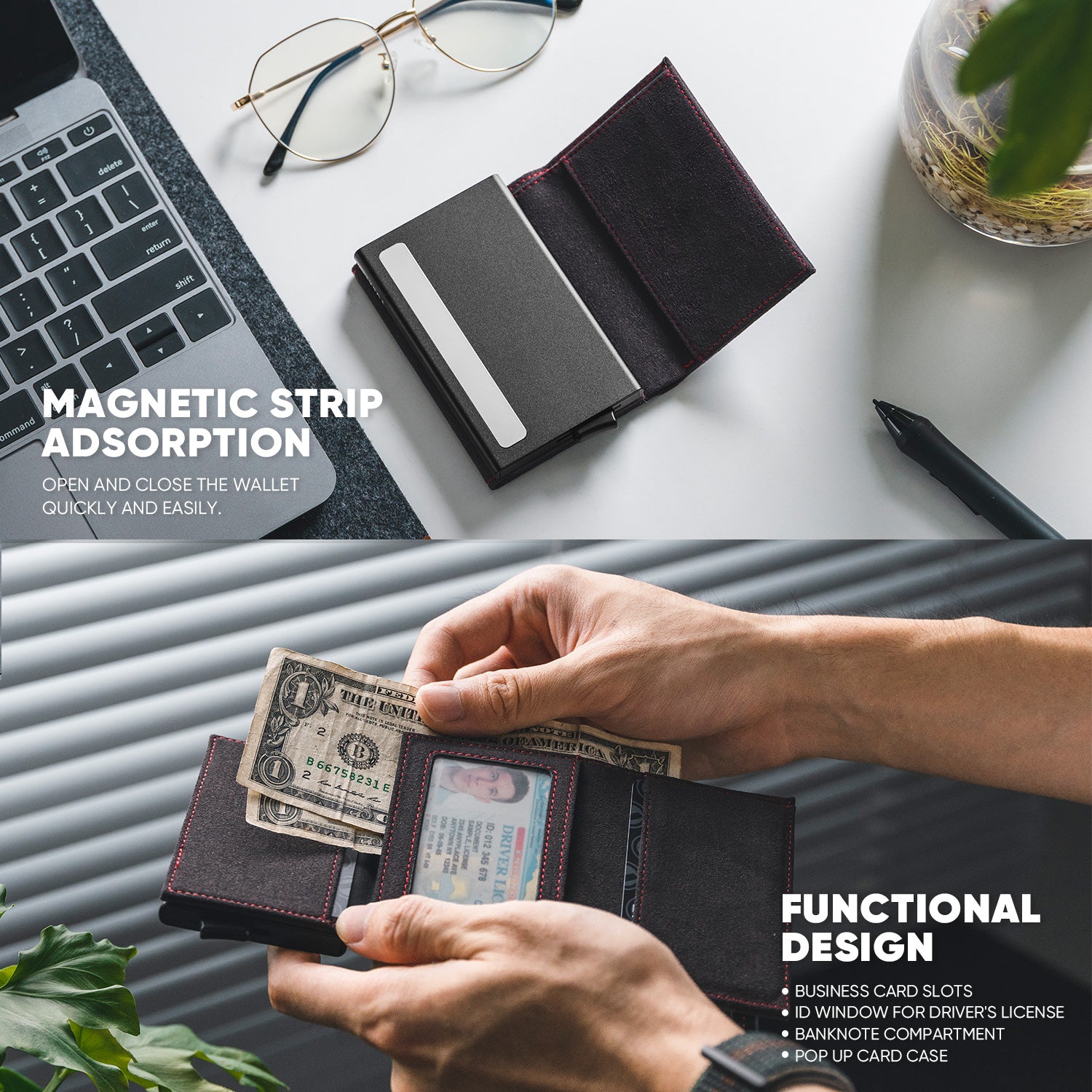 VC203A Genuine Alcantara Leather Tri-Fold Wallet with Back Zipper Slot & Magnetic Closure - Slim RFID Blocking Wallet for Men, Perfect for Travel, Business & Everyday Carry