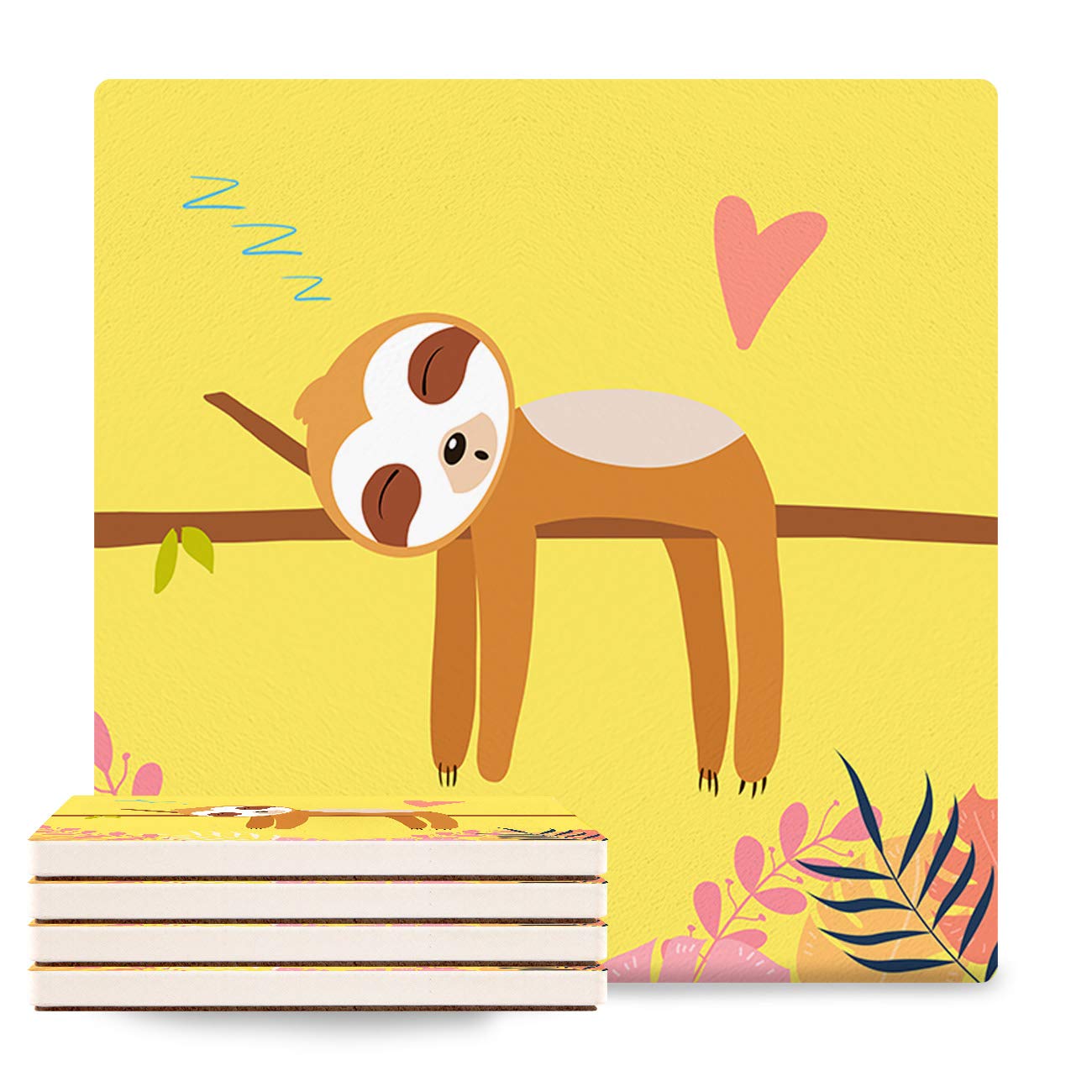 6-Piece Square Ceramic Drink Coasters Set with Cork Base - Absorbent Stone Coasters Featuring Cute Cartoon Sleeping Sloth Design - Perfect for Coffee Tables, Dining Tables, and Home Decor