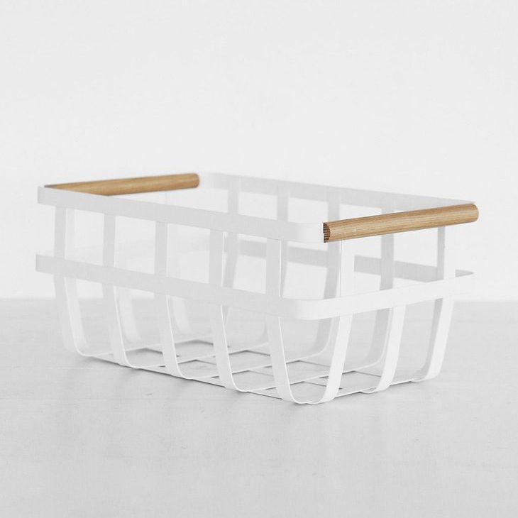 YAMAZAKI Tosca Double Handle Storage Basket - White/Natural Woven Organizer for Home, Bathroom & Office Organization