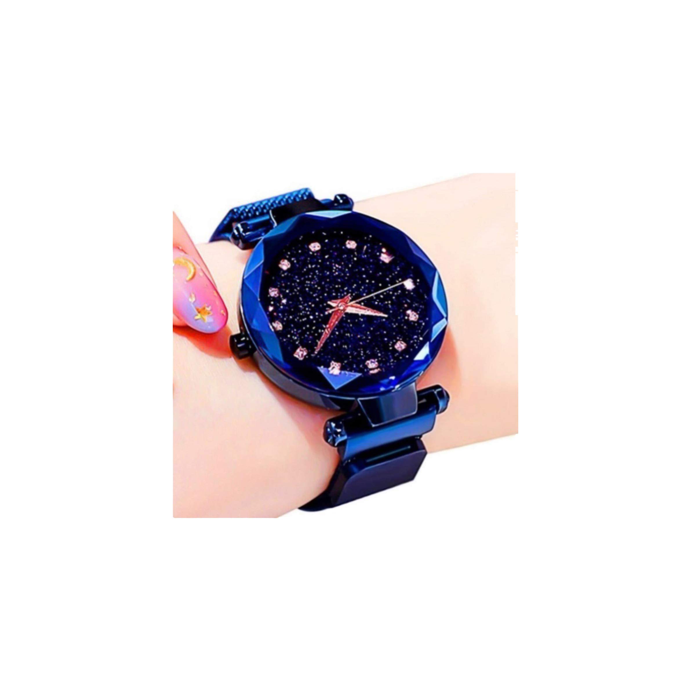 Premium Acnos Stainless Steel Women's Watch - Black Round Diamond Dial with Blue Magnet Belt, Analog Timepiece for Everyday Wear & Special Occasions (DM-Blue10) | Perfect for Office, Parties & Gifts