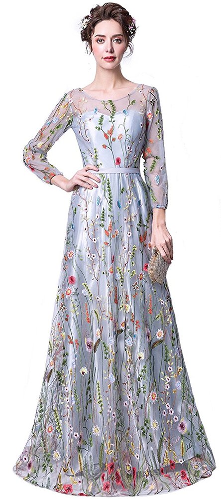 Honeydress Women's Embroidered Long Sleeve Maxi Dress - Elegant Floral Embroidery Boho Dress for Casual Wear, Parties & Special Occasions