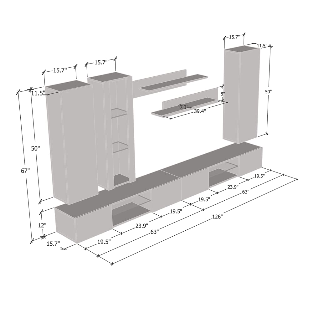 Modern Wall-Mounted TV Stand with Storage Shelves & LED Lights - Fly E 33 Entertainment Center Console for Living Room & Bedroom - Space-Saving Gray TV Cabinet (EF4) - Perfect for Small Apartments & Home Theater Setups