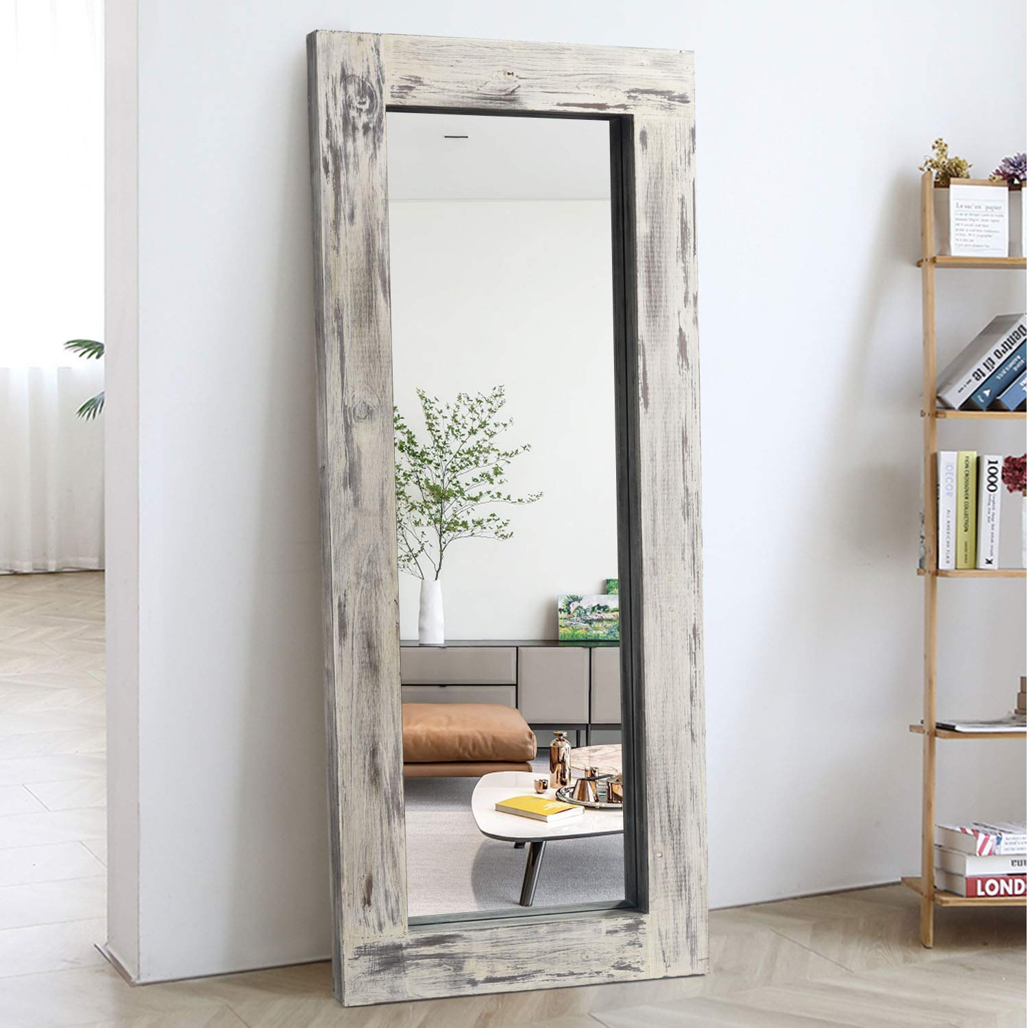 KIAYACI 58x24 Inch Full Length Mirror with Wood Frame - Wall Mounted or Floor Standing Distressed Style Dressing Mirror for Bathroom, Bedroom, Living Room & Entryway - Light Gray Farmhouse Decor for Home & Vanity Makeup Use