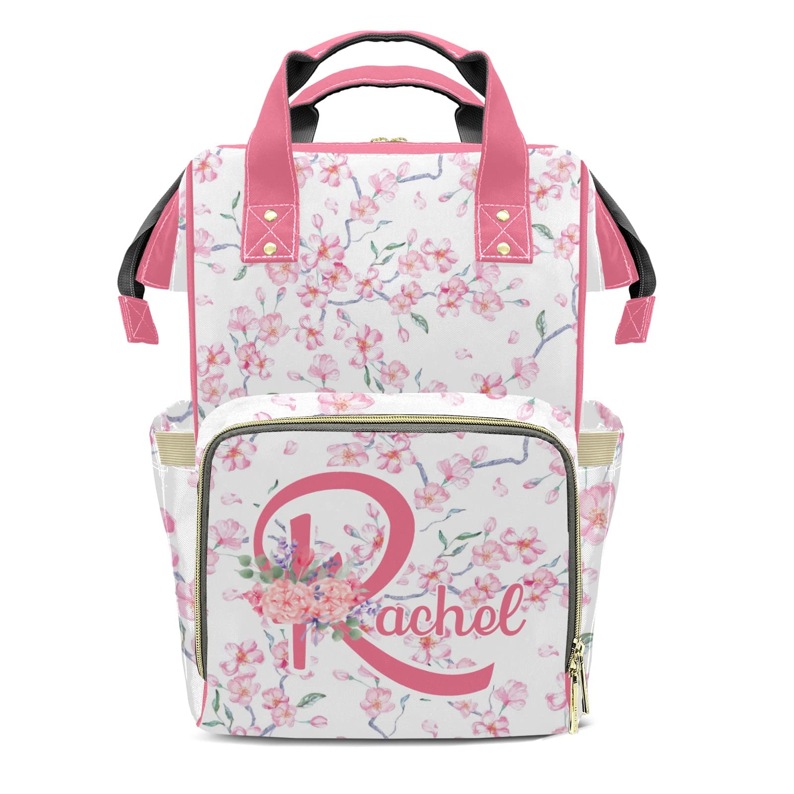 Cherry Blossom Diaper Bag Backpack - Waterproof Nursing Tote for Moms & Dads with Name Customization | Perfect Baby Shower Gift & Travel Essential for Parents