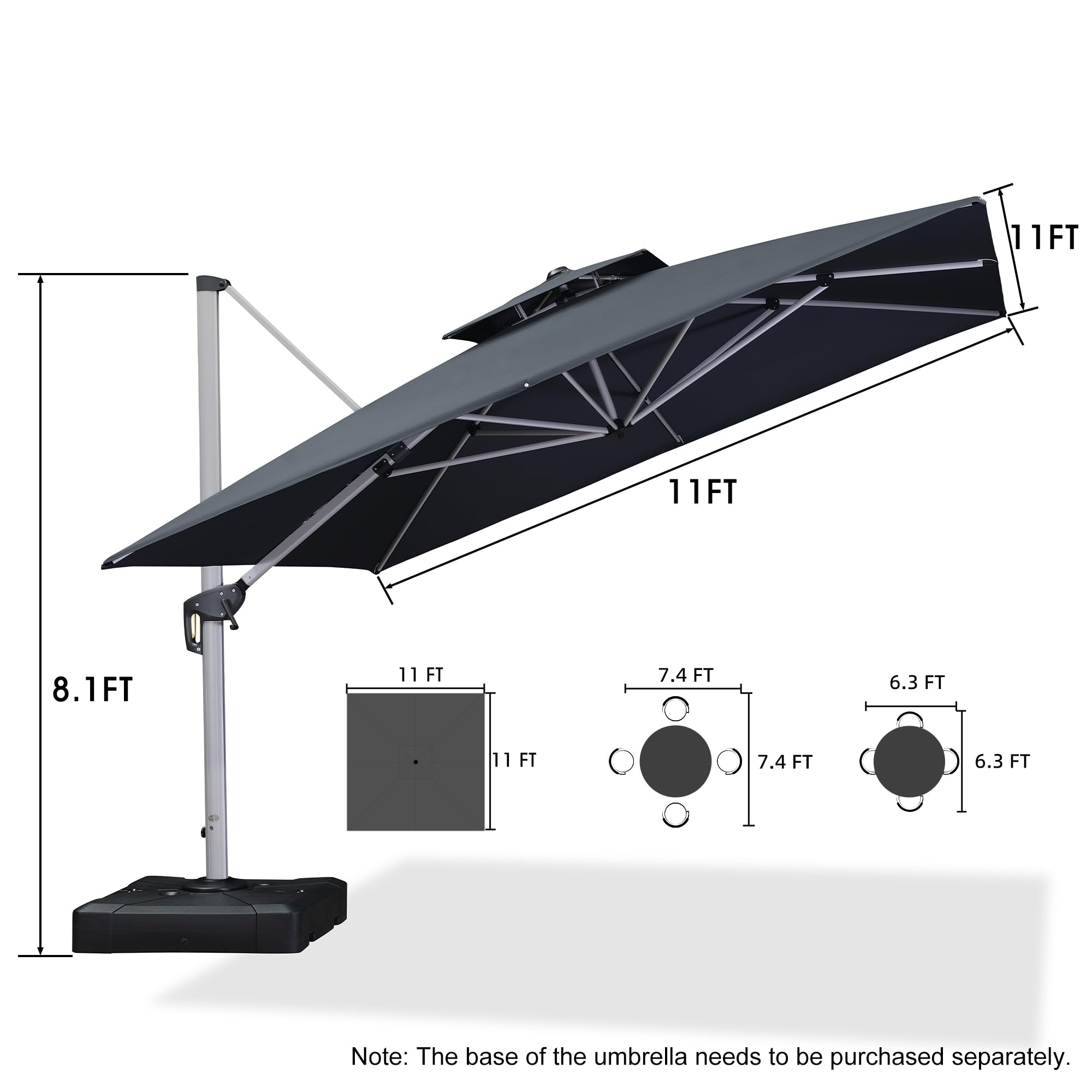 PURPLE LEAF 11FT Double Top Deluxe Square Patio Umbrella - Offset Hanging Cantilever Outdoor Market Umbrella for Garden, Backyard, Poolside (Grey) | Perfect for Shade, Relaxation & Outdoor Dining
