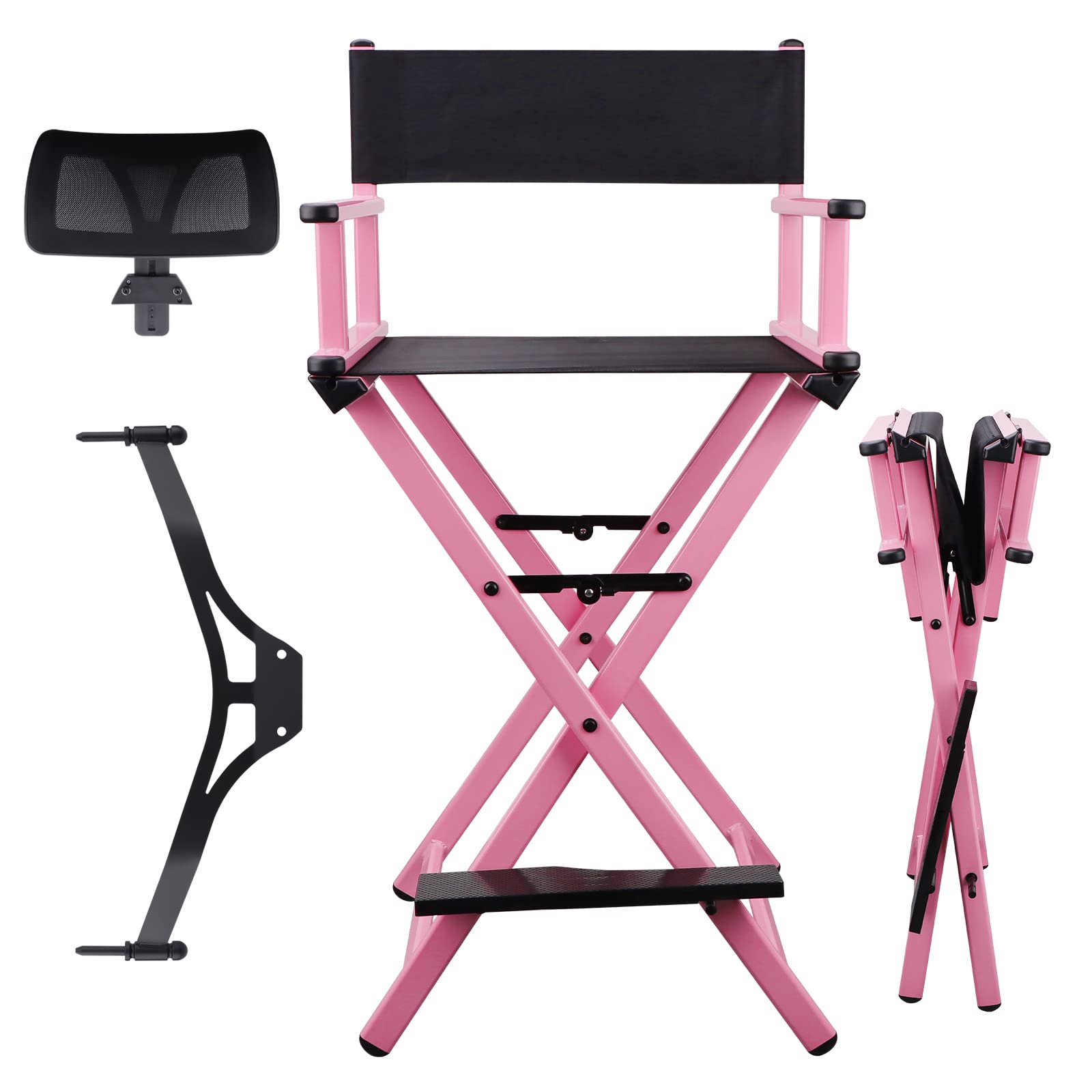 Lorvain Foldable Makeup Artist Stool Chair - Portable Tall Folding Director's Chair with Headrest, Aluminum Frame for Salon, Studio & Vanity - Bar Height Pink Makeup Chair - Perfect for Professional Makeup Artists, Home Beauty Stations & Photography Studios