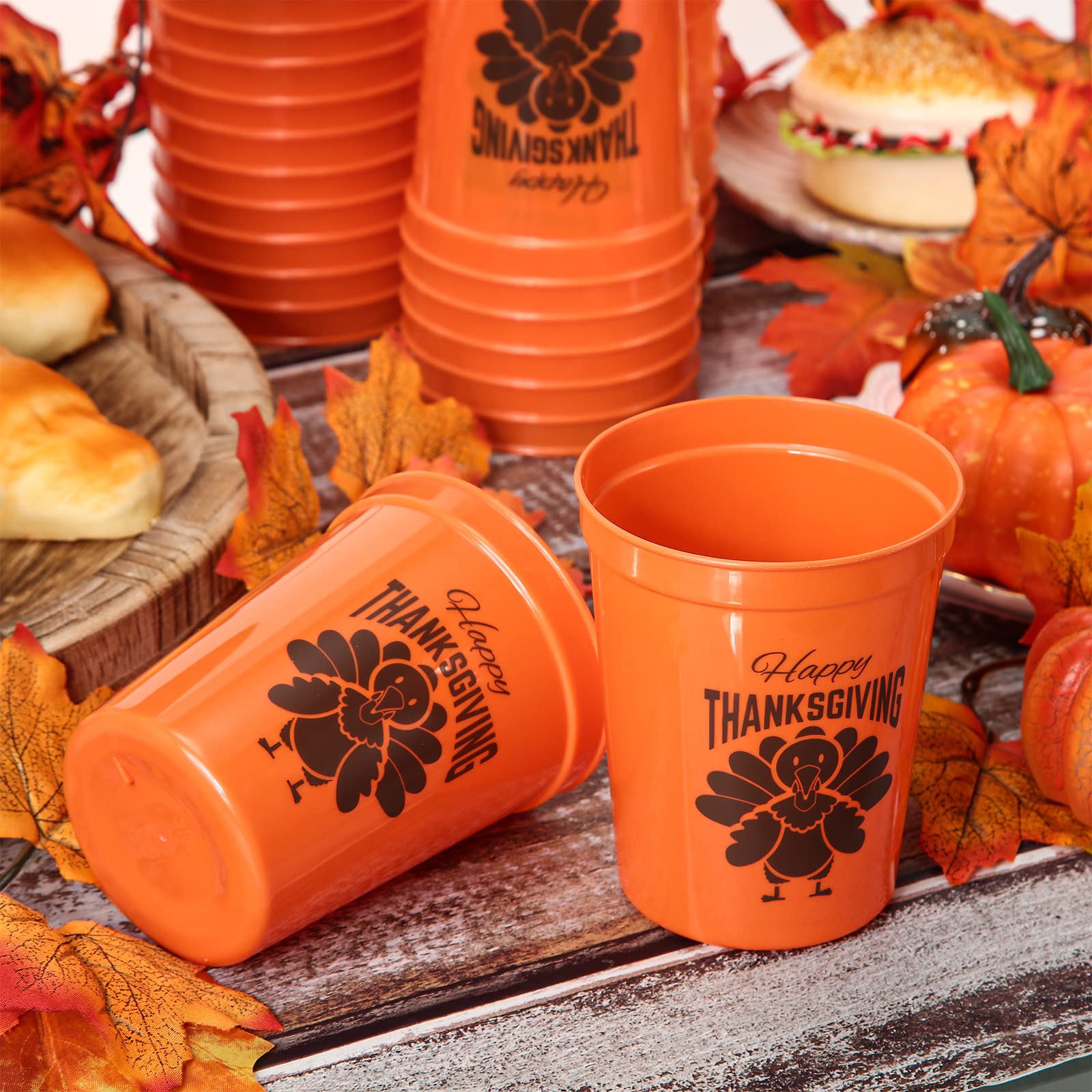 Happy Thanksgiving Plastic Party Cups - 12 oz Reusable Orange & Black Turkey Design Tumblers (48-Pack) - Perfect for Thanksgiving Dinner, Friendsgiving, and Holiday Party Supplies