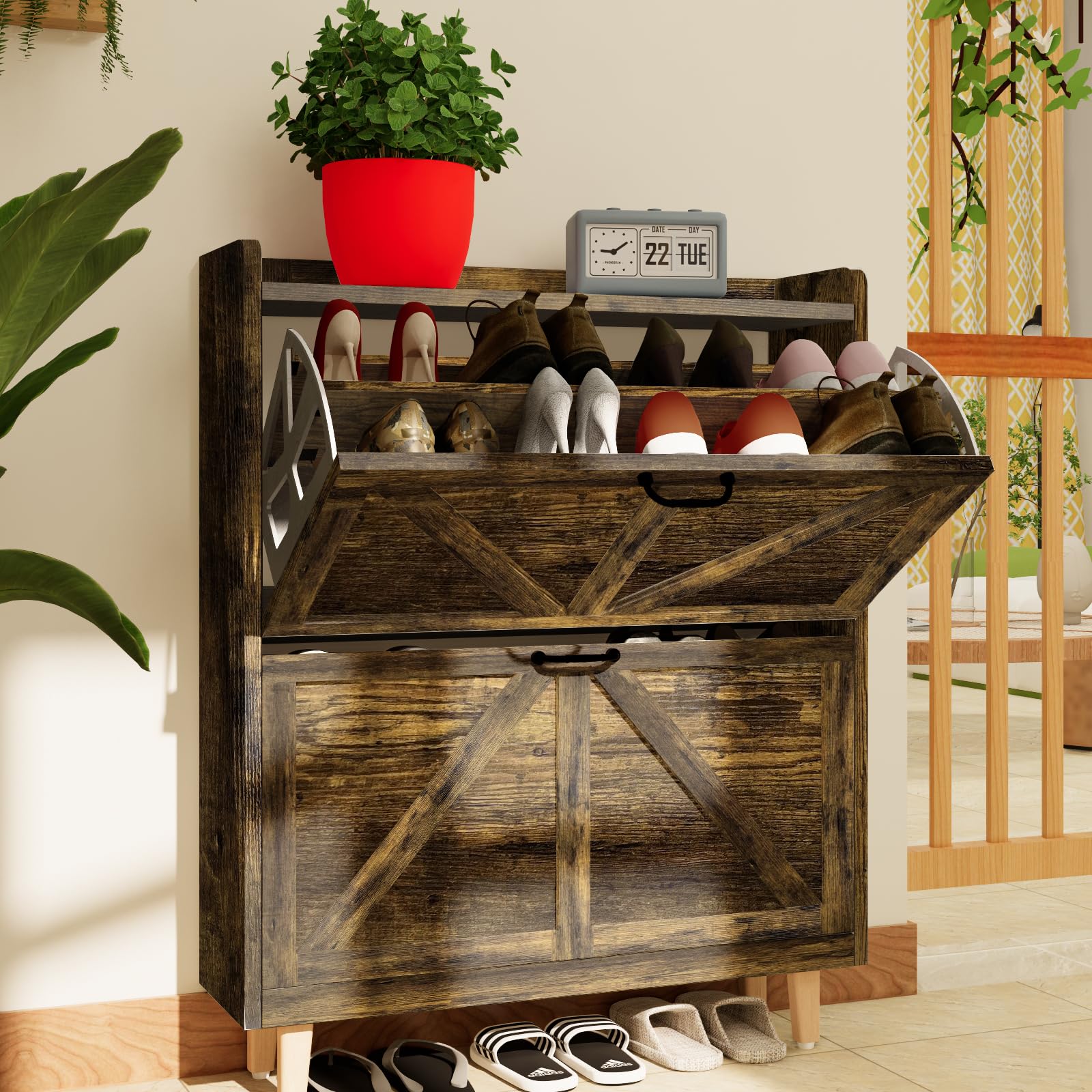 JOKOLO Shoe Cabinet Storage - Farmhouse Freestanding Organizer with 2 Flip Drawers & 4 Wooden Feet, Narrow Shoe Rack Cabinet for Entryway, Hallway or Bedroom - Rustic Brown Home Decor for Small Spaces