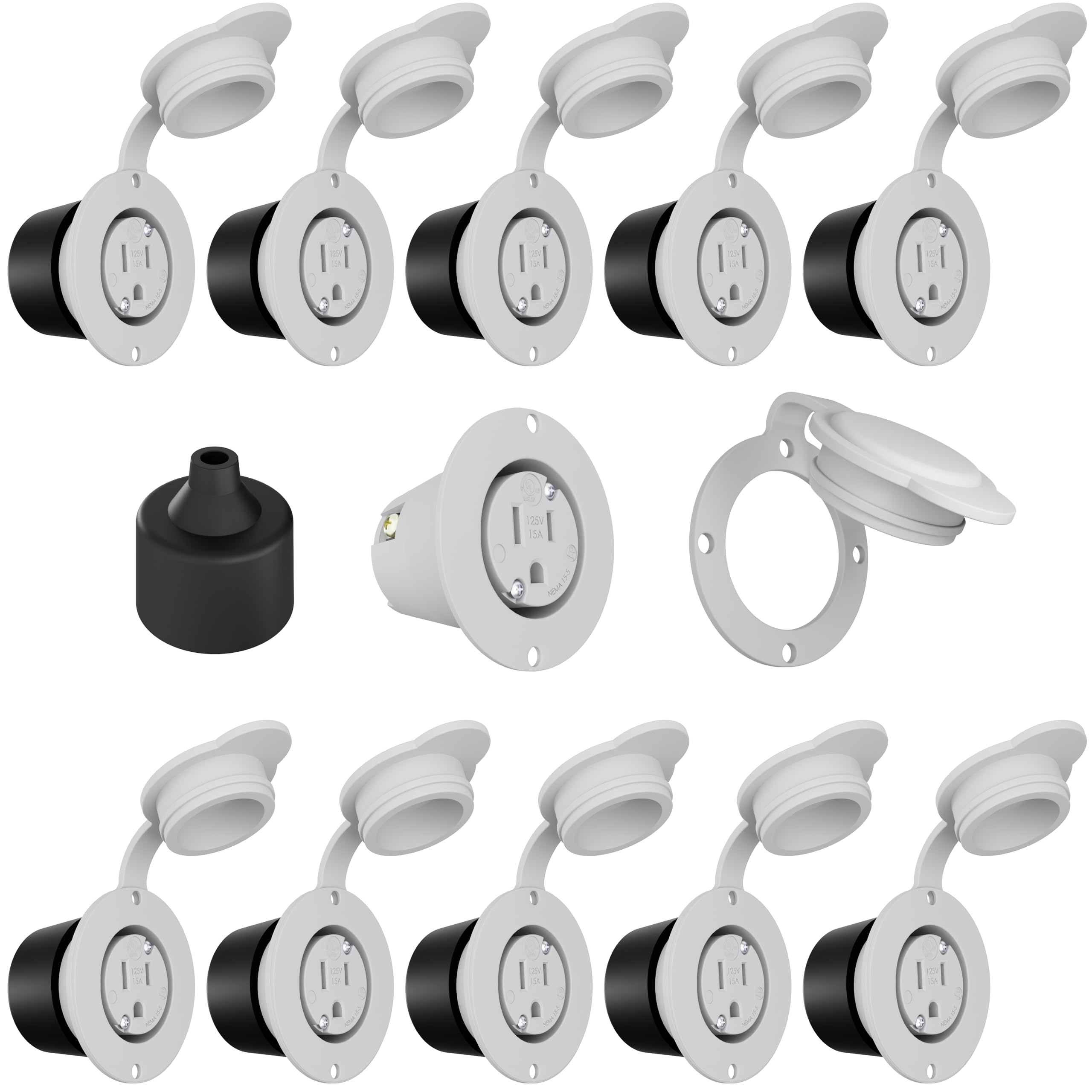 Journeyman-Pro 5279 15 Amp 125V NEMA 5-15 Flanged Outlet, White Commercial Grade Straight Blade Plug (10-Pack with Covers) - Ideal for Workshops, Garages and Industrial Power Distribution