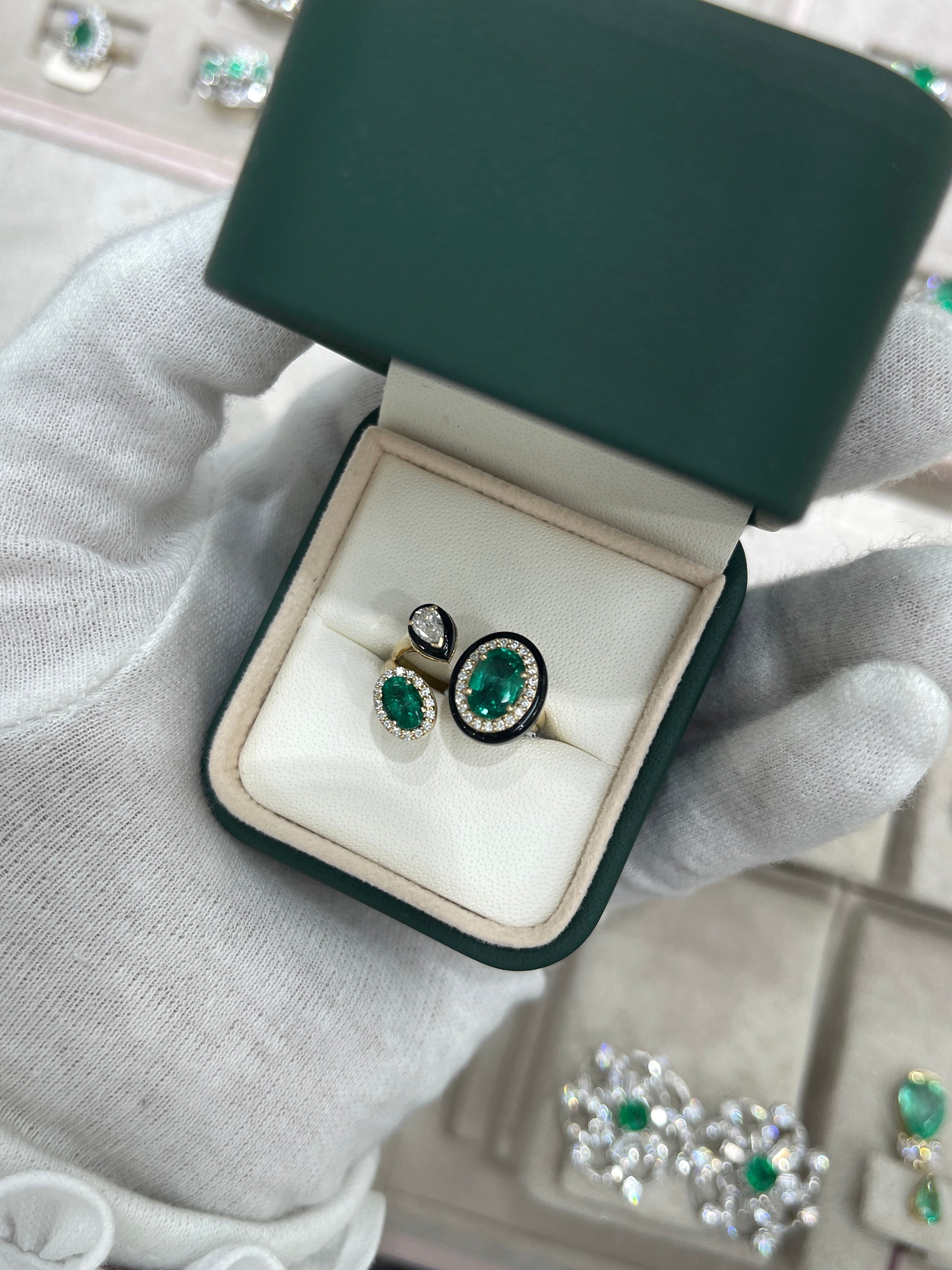 3.87tcw Oval Emerald Diamond Black Onyx Cluster Statement Ring in 14K Gold - Elegant Jewelry for Weddings, Parties & Special Occasions
