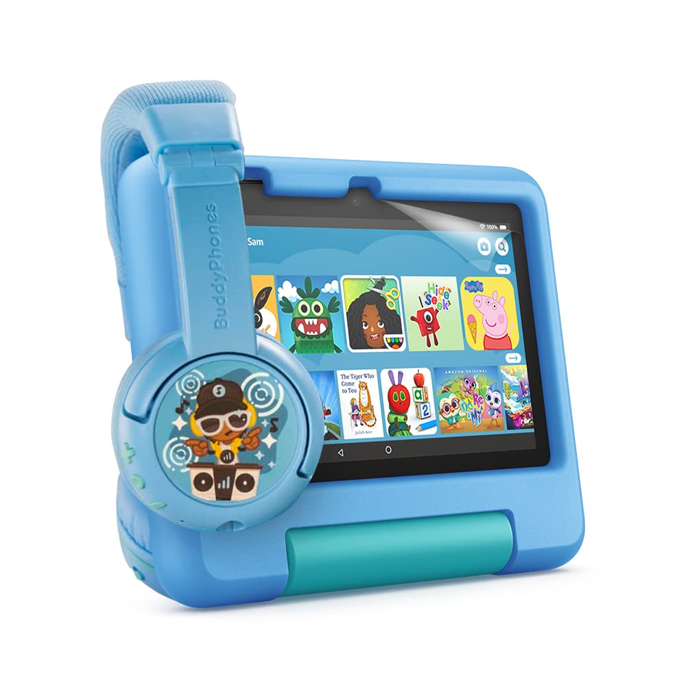 **Fire 7 Kids Tablet (32GB, Blue) with BuddyPhones PlayTime Bluetooth Headphones (Blue Drop) & NuPro Screen Protector (2-Pack) – Perfect for Learning, Travel & Entertainment**