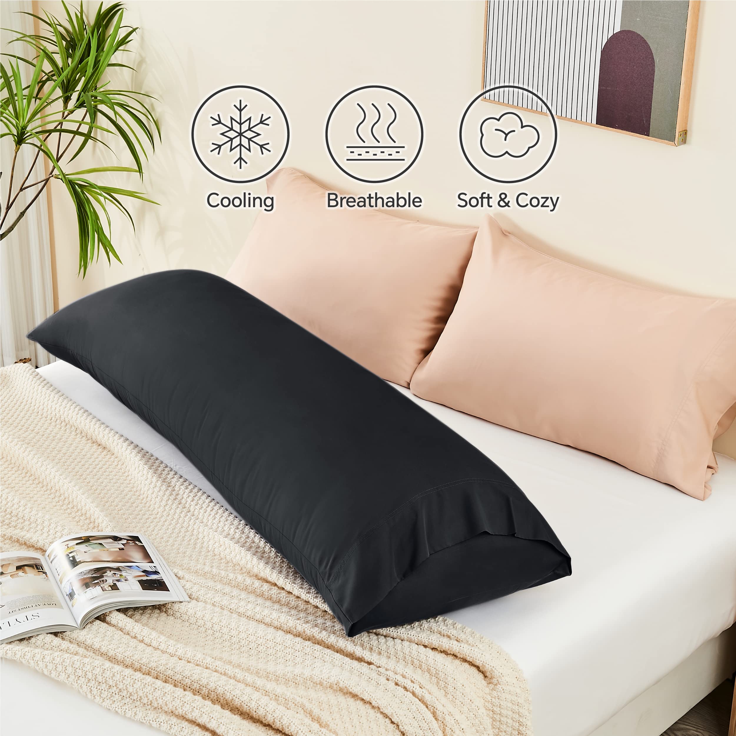 BEDELITE Bamboo Rayon Body Pillow Cover - 20x54 Inches Cooling Pillowcase for Hot Sleepers, Breathable & Silky Soft Full Body Pillow Case - Perfect for Night Sweats Relief, Pregnancy Support & Side Sleepers (Black)