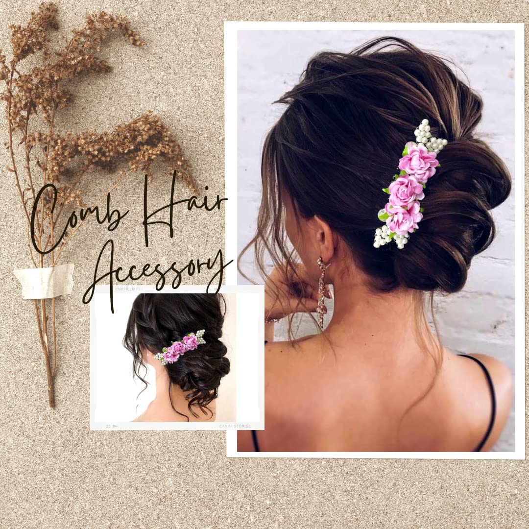 Artificial Floral Hair Comb Slide - Pink Side Juda Comb Hairpin for Women & Girls | Wedding, Prom, Party Hair Accessories