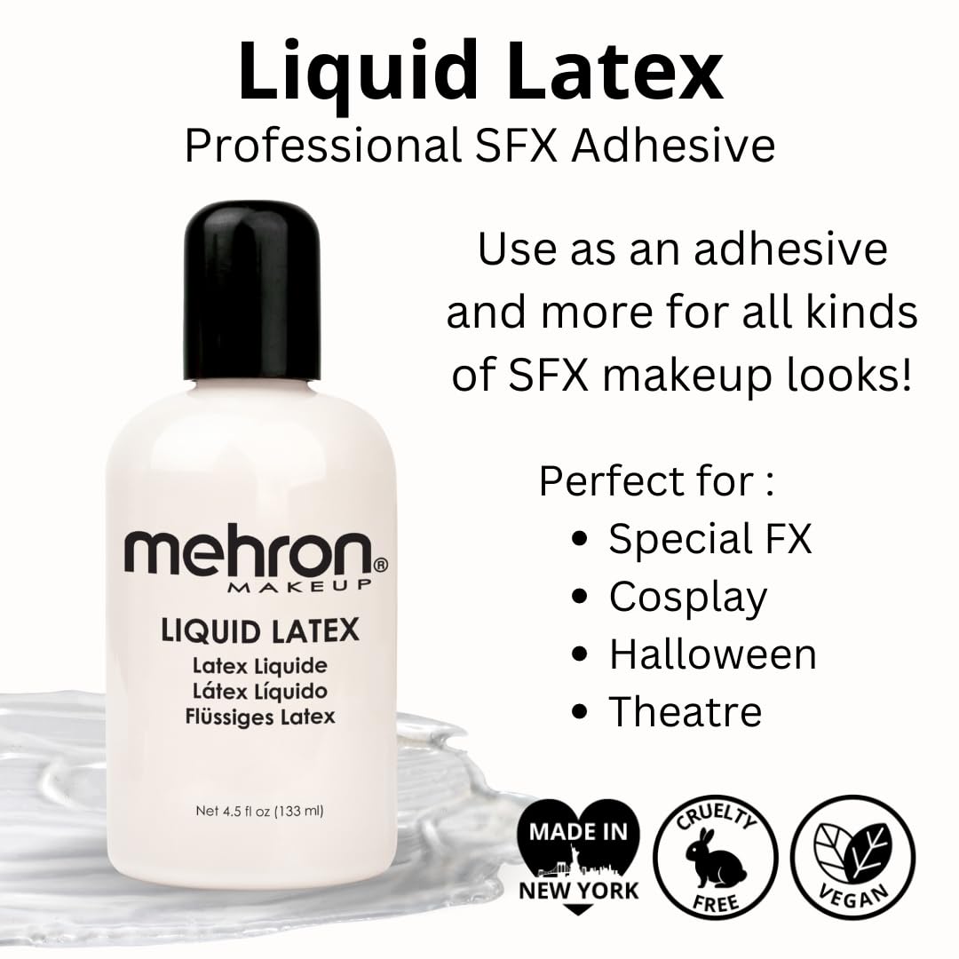 Mehron Liquid Latex for Special Effects (SFX) & Halloween Makeup - Skin Safe Prosthetic Adhesive - 4.5 fl oz (133 ml) Clear Formula - Perfect for Costume Parties, Theater Makeup & Horror FX