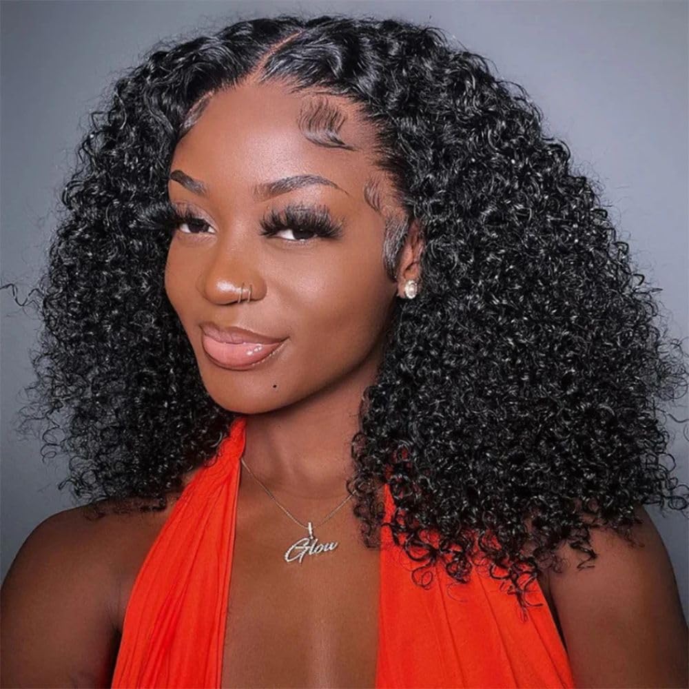 13x6 Kinky Curly HD Lace Front Wig Human Hair - Glueless 220% Density Pre-Plucked with Baby Hair | Short Curly Lace Front Wigs for Women | Perfect for Daily Wear, Parties & Cosplay (16 Inch)