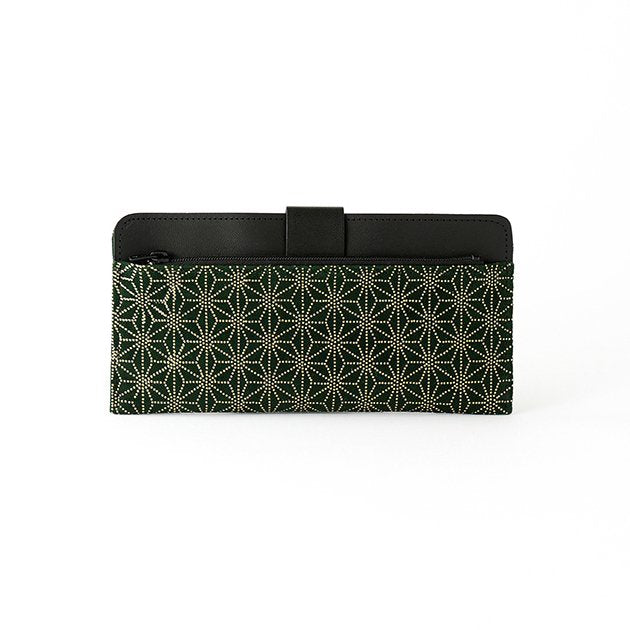 Premium Japanese Deerskin Leather Long Wallet with Urushi Lacquer - Asanoha Hemp Leaf Pattern, Dark Green - Handmade in Japan - Perfect for Gifts, Travel & Everyday Use
