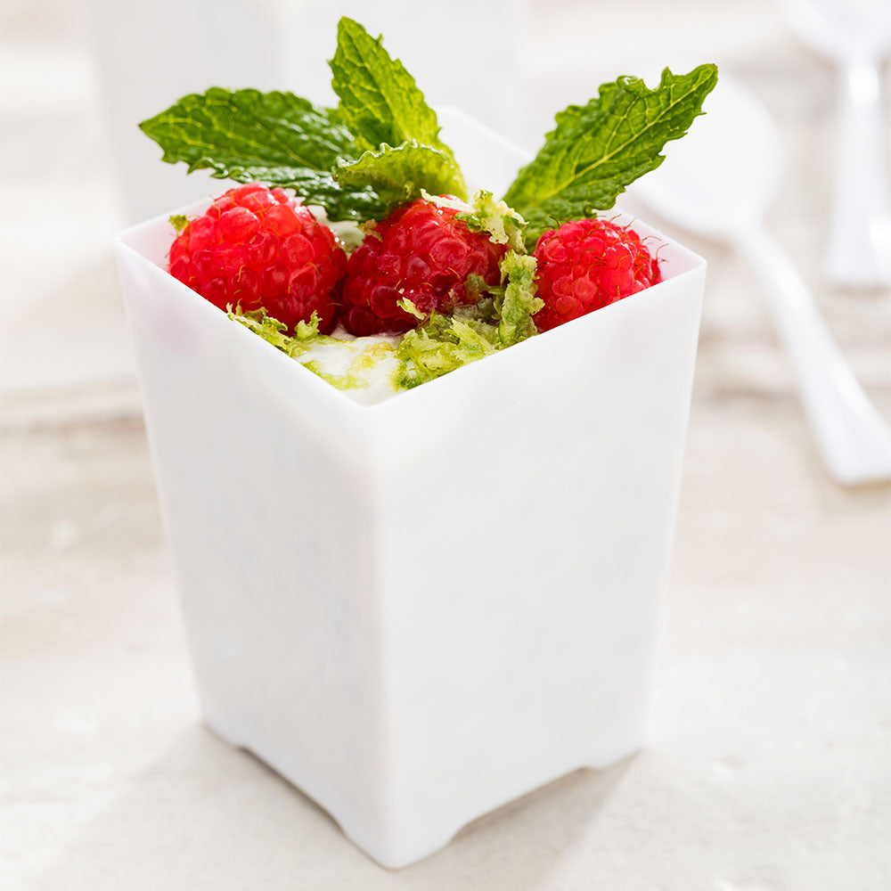 4 oz Square White Plastic Tall Quadrato Cups - 2 x 2 3/4 x 2 Inches - Pack of 100 - Perfect for Coffee, Tea, Smoothies, and Dessert Serving