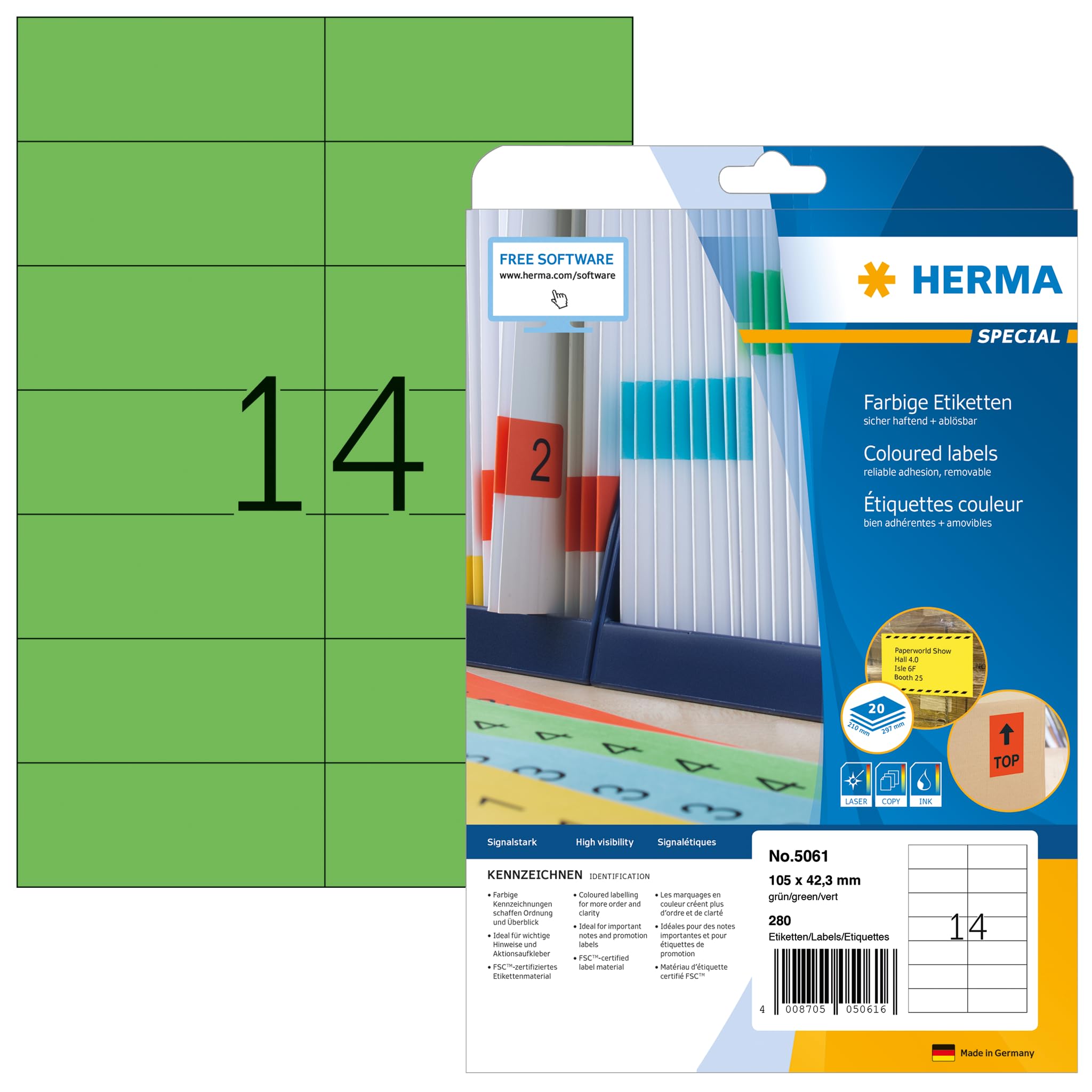 HERMA 5061 Self Adhesive Color Labels - 280 Blank Removable Stickers (14 per A4 Sheet, 20 Sheets) 105x42.3mm - Compatible with Laser & Inkjet Printers - Green Colored Labels for Office Organization, Mailing & Product Labeling