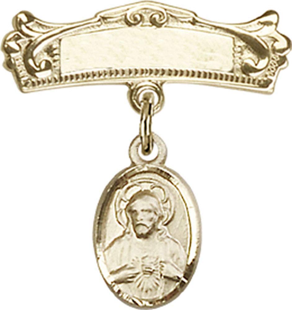 Gold Filled Baby Badge with Scapular Charm & Arched Polished Pin | Religious Jewelry for Christening, Baptism & First Communion | Handmade in USA