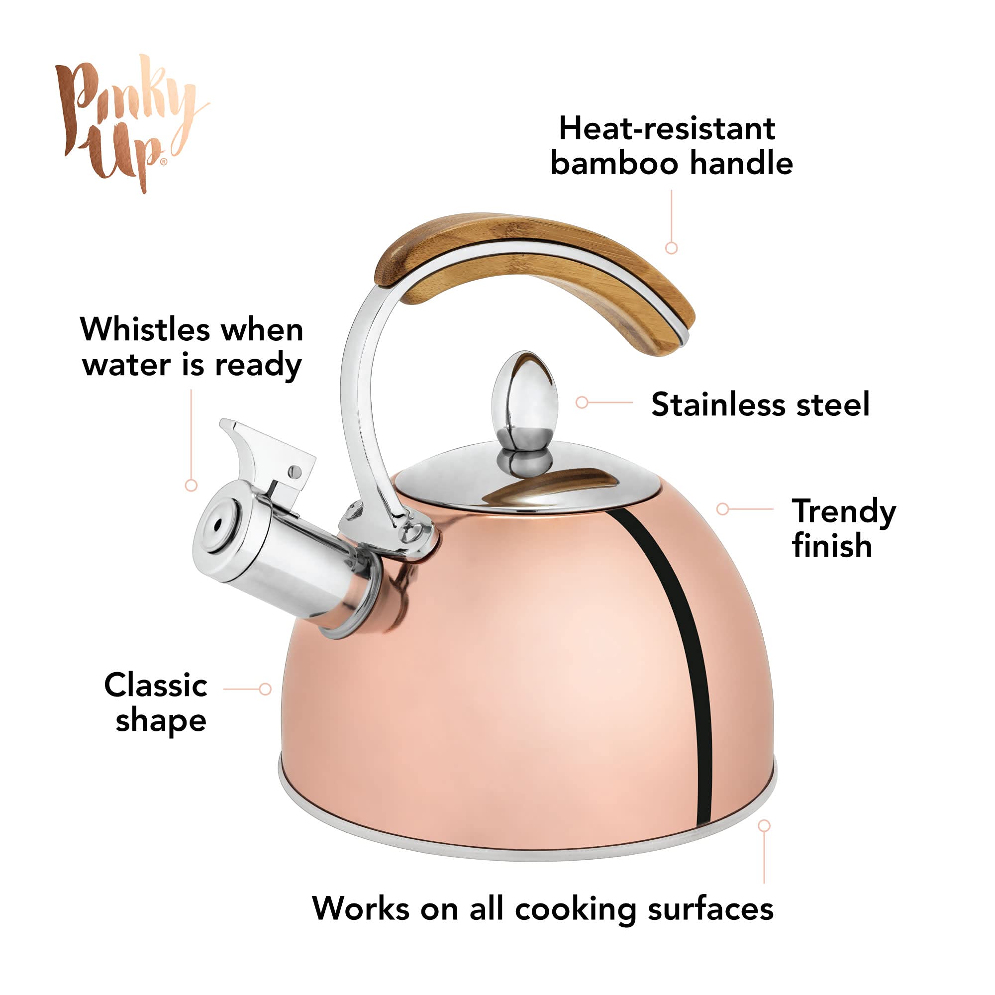 Pinky Up Presley 70 oz Stainless Steel Whistling Tea Kettle - Fast Boiling Stovetop Kettle with Wooden Handle & Rose Gold Finish - Perfect for Tea Lovers, Kitchen Decor & Gift Giving