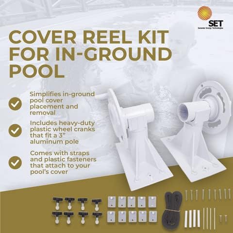 SunSolar Solar Cover Reel Kit for In-Ground Pools - Heavy Duty Plastic Wheel Cranks for Easy Pool Cover Rolling - Includes Straps & Clamps - Fits 3-Inch Pole (Pole Not Included) - Perfect for Backyard, Residential & Commercial Pool Maintenance