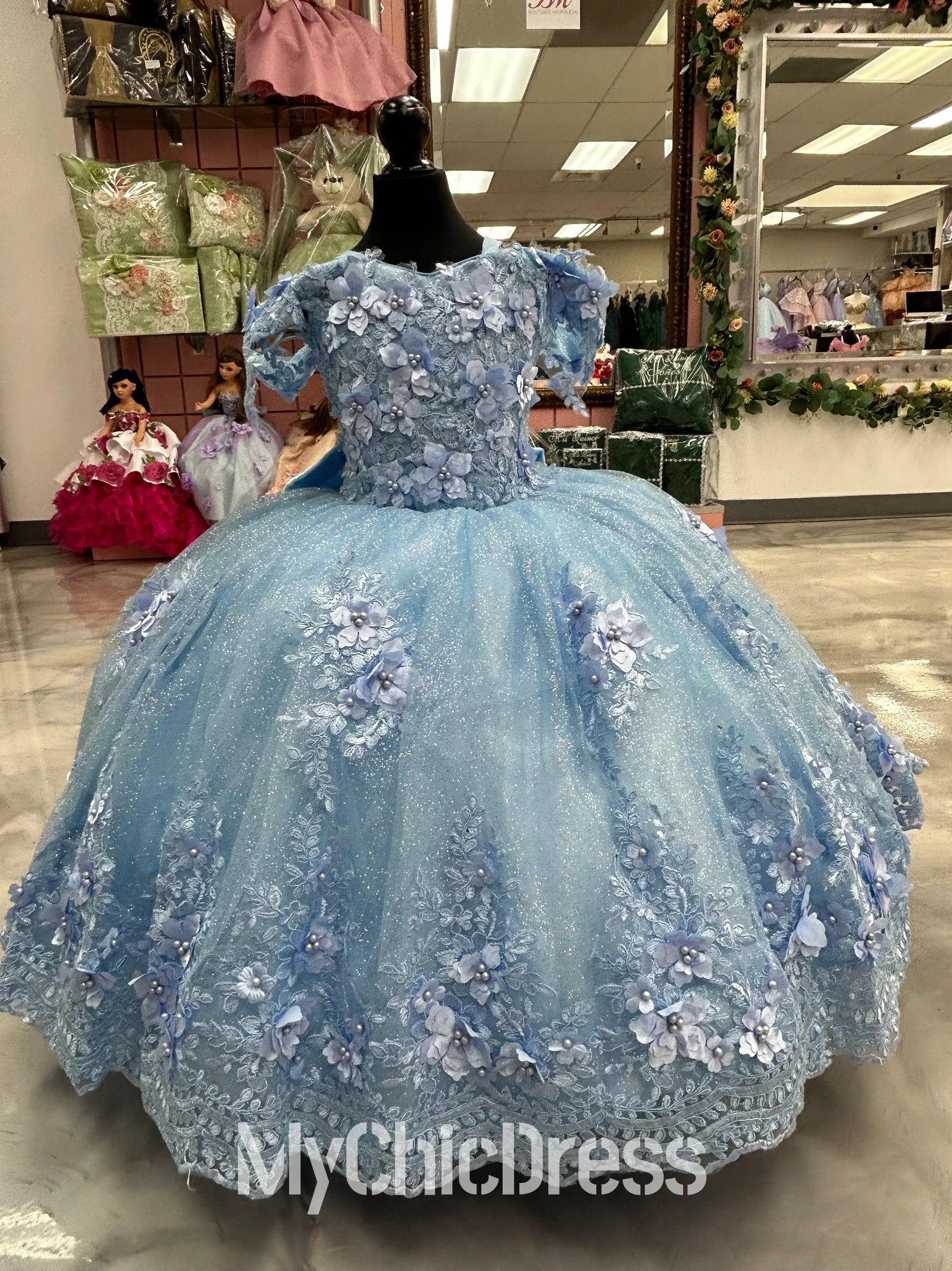 Blue Lace Appliques Mini Quinceanera Dress for Little Princess with Floral Details - Perfect for Birthday Parties, Special Occasions & Photo Shoots