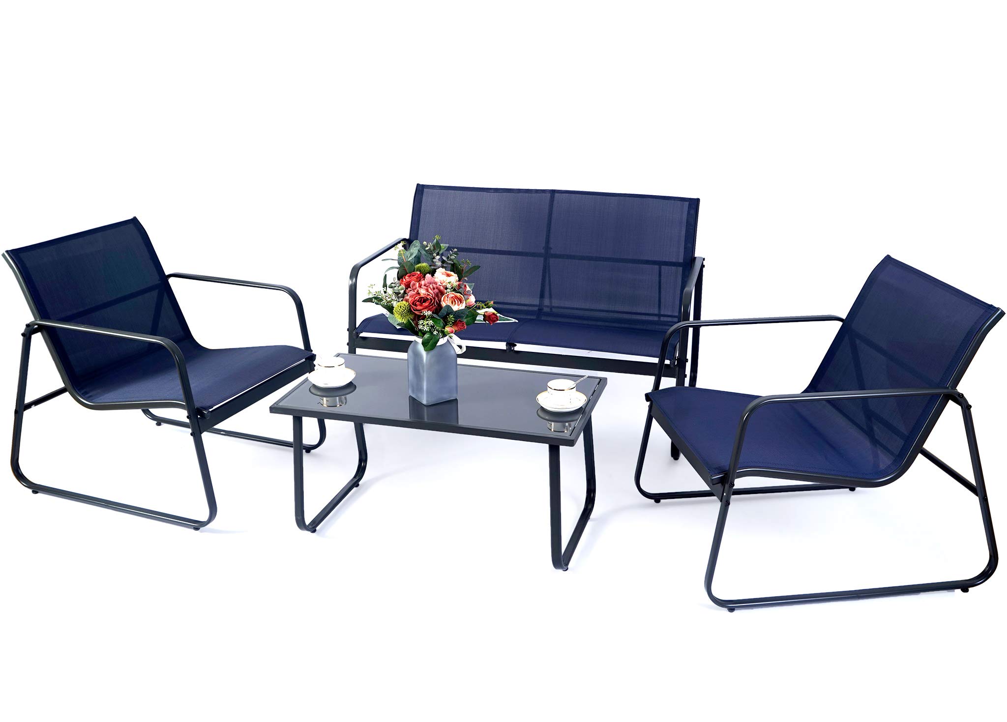 Kozyard Sofia 4-Piece Outdoor Patio Furniture Set - Powder Coated Metal Frame with 1 Loveseat, 2 Chairs & Table for Porch, Balcony, Backyard (Navy Blue) - Perfect for Relaxing, Entertaining & Outdoor Dining