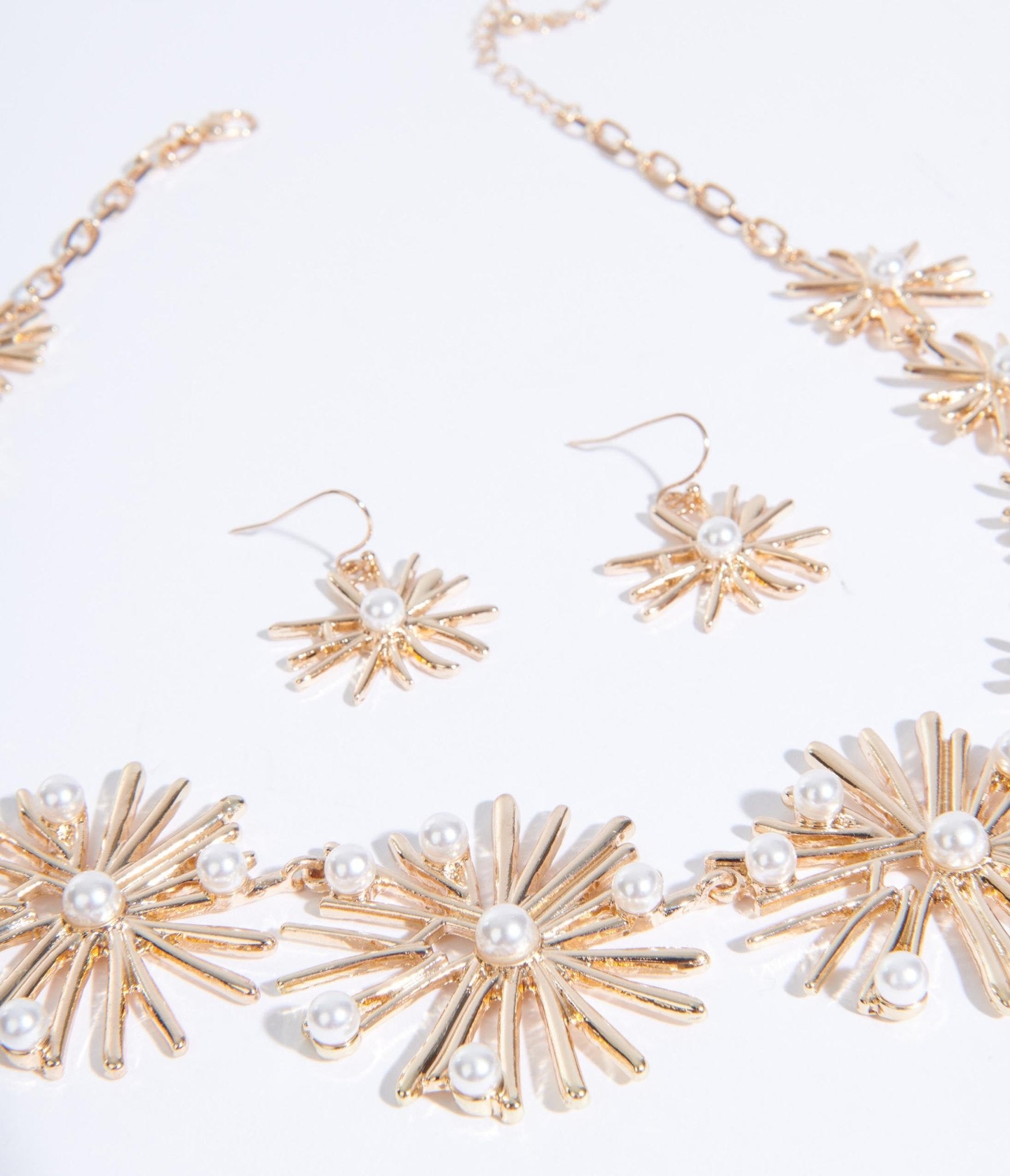 Golden Starburst & Pearl Necklace and Earring Set for Women - Elegant Bridal Jewelry, Wedding Gift, Party Accessories