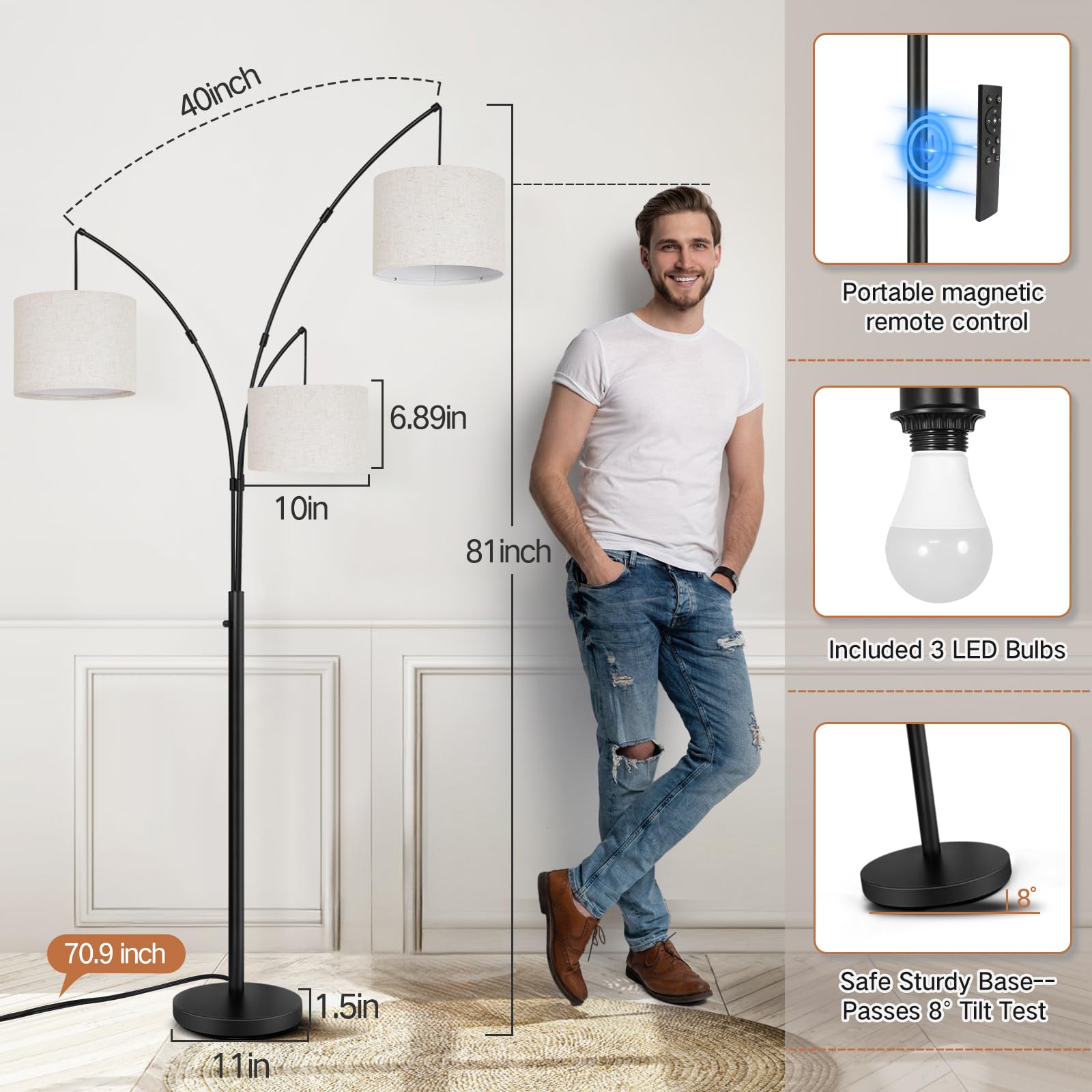 OUTON Arc LED Floor Lamp with Remote Control - Dimmable Modern Black 3-Light Arched Tall Standing Lamp | Adjustable Mid-Century Design for Bedroom, Office & Living Room | Beige Lampshade | Perfect for Reading, Working & Creating Ambient Lighting