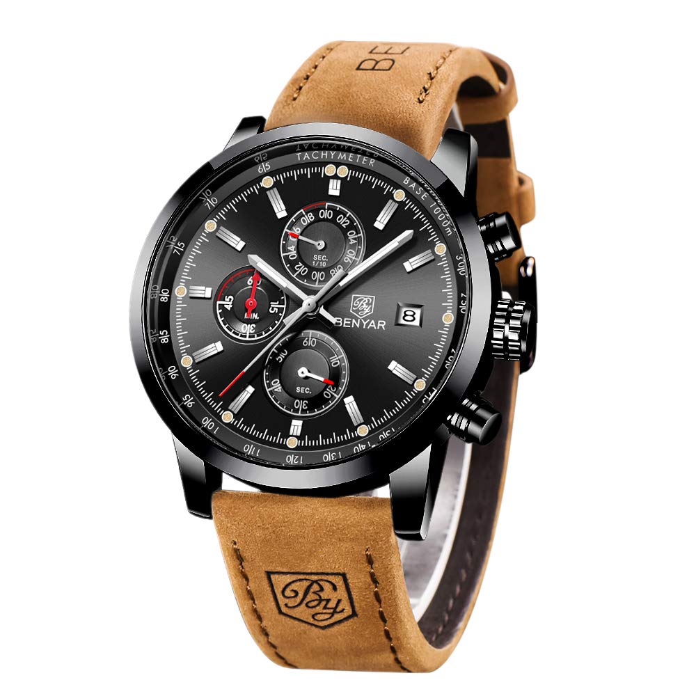 BENYAR Men's Luxury Analog Chronograph Watch - Genuine Leather Strap, Precise Quartz Movement, 50M Waterproof & Scratch Resistant - Perfect for Business, Office, Formal Events & Daily Wear