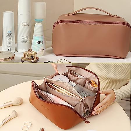 KINDRED Crossbody Cosmetic Bag for Women - PU Leather Makeup Organizer Pouch with Multiple Compartments (Brown) | Perfect for Travel, Gym & Daily Essentials Storage