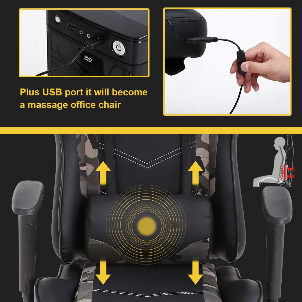 Ergonomic Gaming Chair with Lumbar Support & Headrest - PU Leather Racing Office Desk Chair for Adults - Adjustable Swivel Computer Chair with Footrest & Massage Function - Perfect for Home Office, Gaming Setup & Workstation (Camo Design)