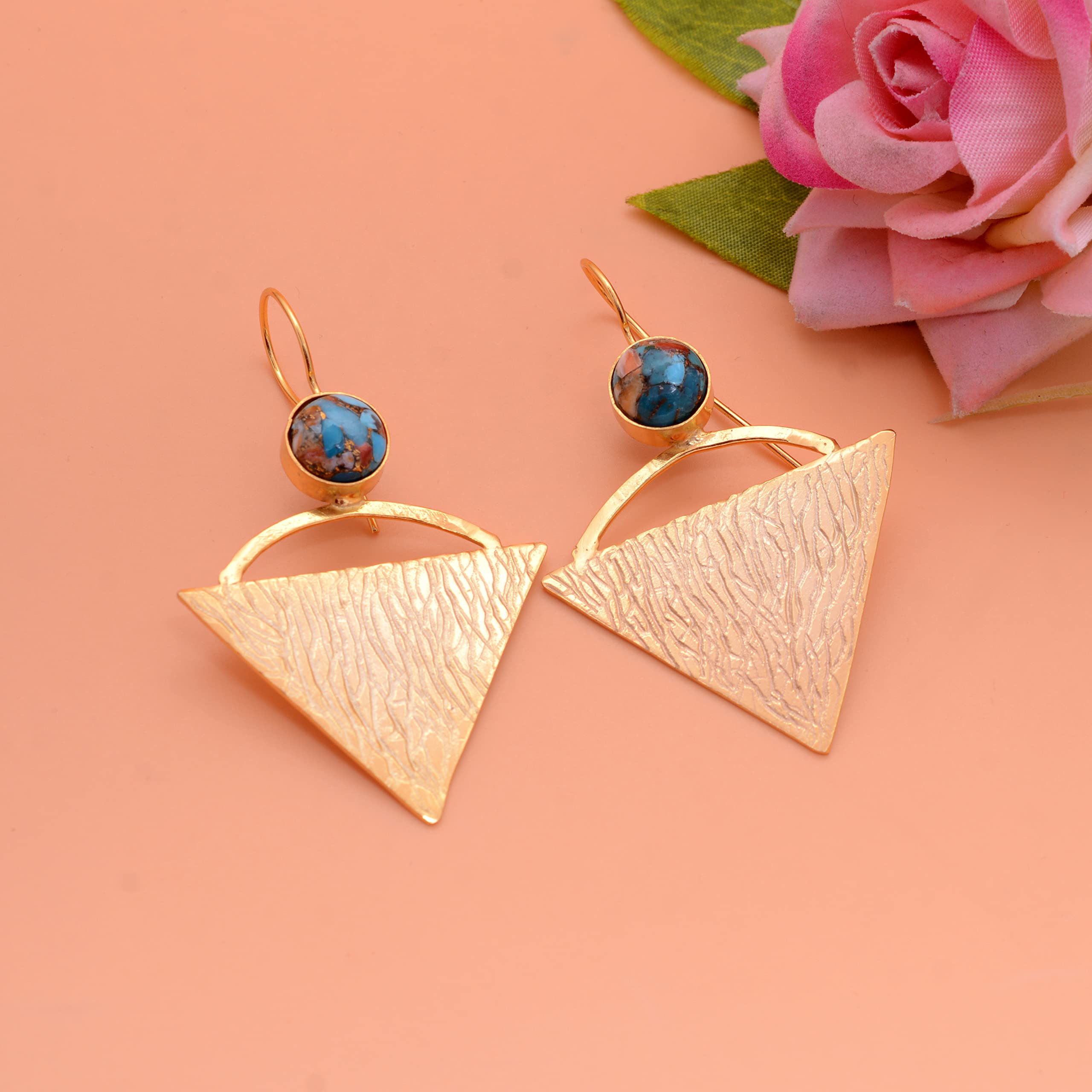 18K Gold Plated Gemstone Earrings for Women - Handmade Western Style Jewelry Gift for Her (Birthday, Anniversary, Mother's Day) - Oyster Copper Turquoise Dangle Earrings | Perfect for Weddings, Parties & Special Occasions