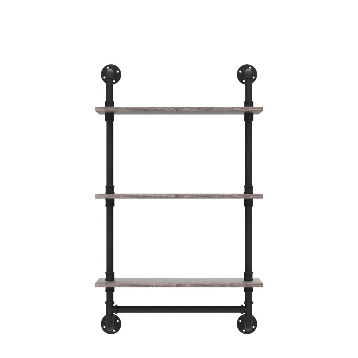 Industrial Pipe Shelf - Rustic Wall Shelf with Towel Bar, 24 Inch Bathroom Towel Rack, 3-Tier Wood Shelving Unit for Bathroom Storage | Perfect for Farmhouse Decor, Spa Organization & Small Space Solutions