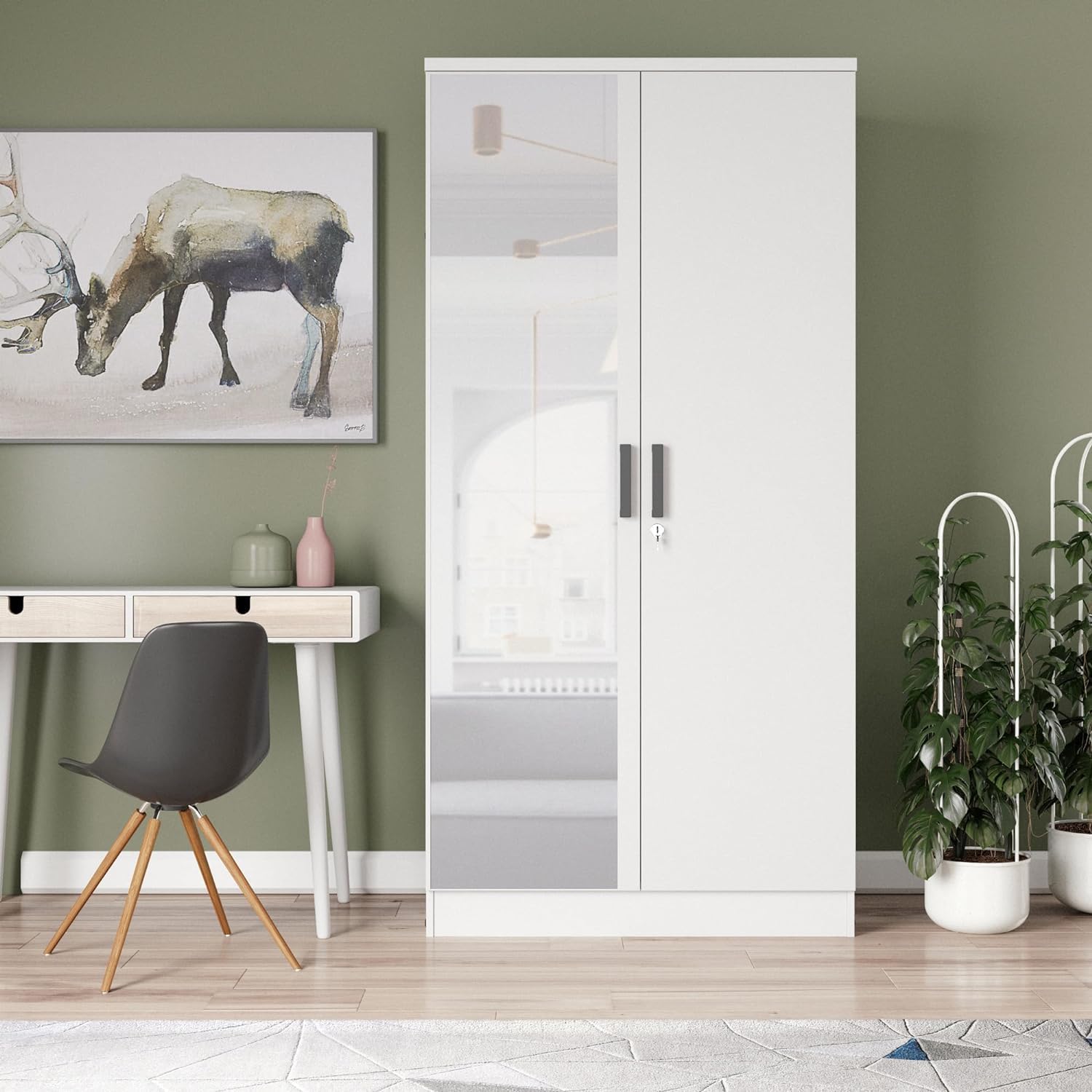 Woodpeckers White 2-Door Wardrobe with Mirrored Doors - Modern Bedroom Furniture for Closet Organization & Storage