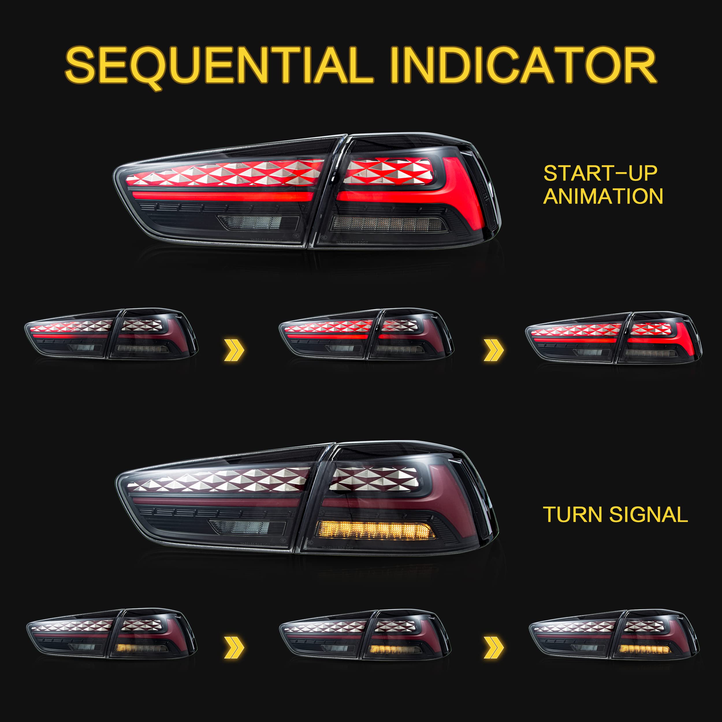 VLAND LED Tail Lights Assembly for Mitsubishi Lancer & EVO X 2008-2020 - Dynamic Sequential Turn Signal, Smoked Lens, Plug & Play (Not Fit Sportbacks/Fortis/IO) - Upgrade Your Car's Style & Safety for Night Driving