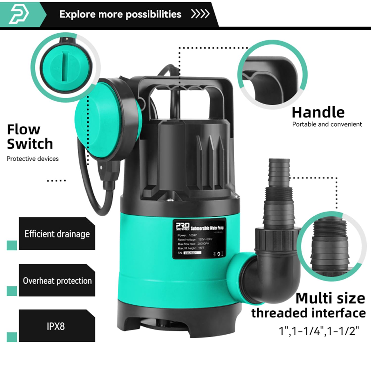 Prostormer 2000GPH 1/2 HP Submersible Sump Pump with Built-in Float Switch - Portable Utility Water Pump with 15ft Cord - Ideal for Swimming Pool, Garden, Bathtub & Pond Draining - Heavy Duty Water Removal for Floods, Basements & Emergency Use