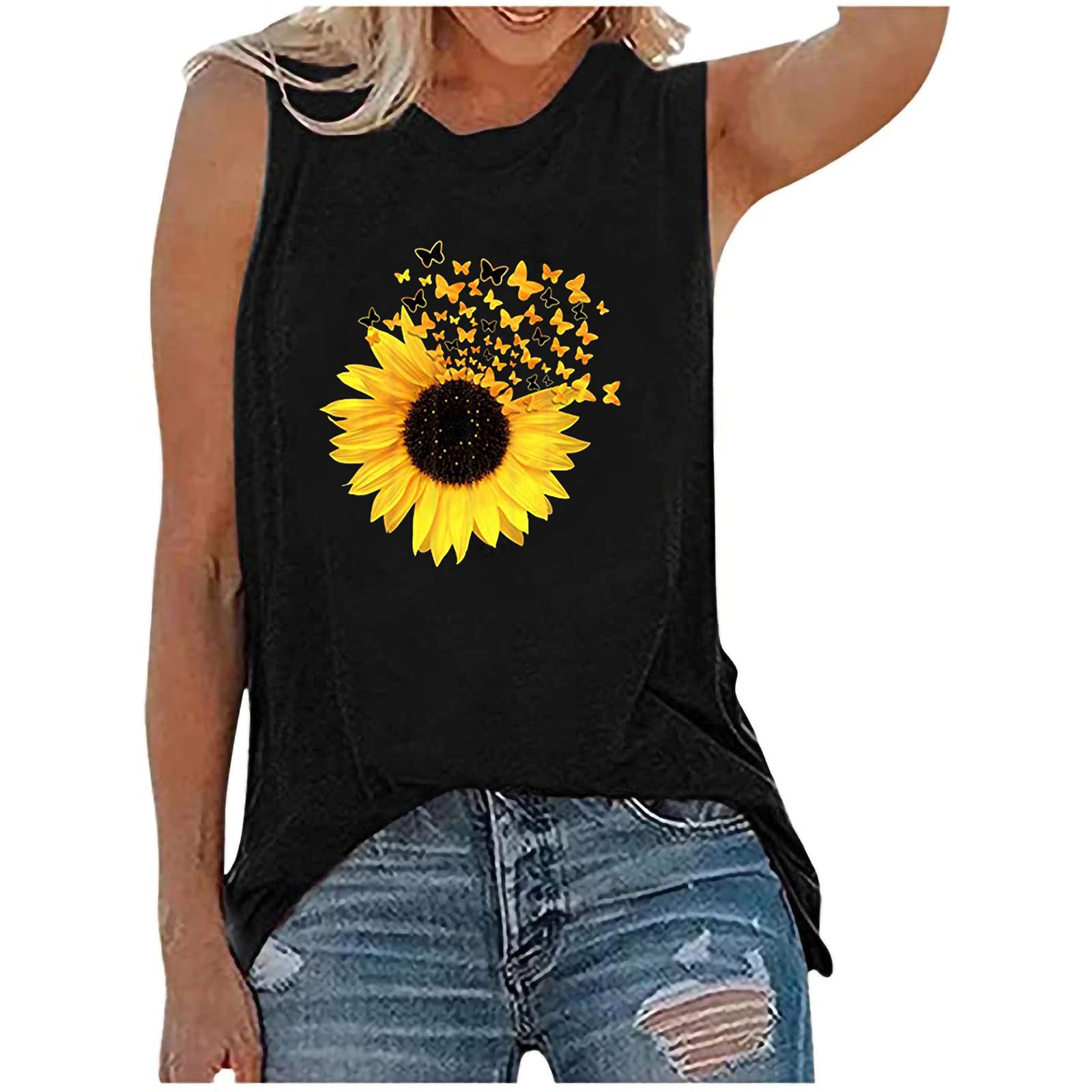 Plus Size Tank Tops for Women - Summer Workout & Casual Loose Fit Sunflower Printed Shirt - Lightweight Blouse for Outdoor Activities, Beach Wear & Everyday Fashion