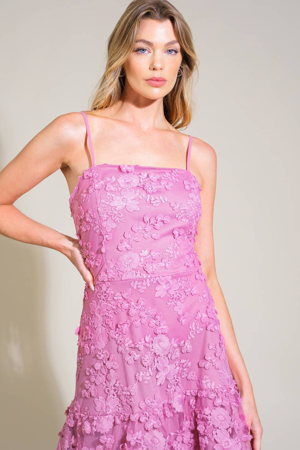 DAZZLING DAYBREAK Mauve Floral Lace Midi Dress for Women - Elegant Tea Party & Wedding Guest Outfit