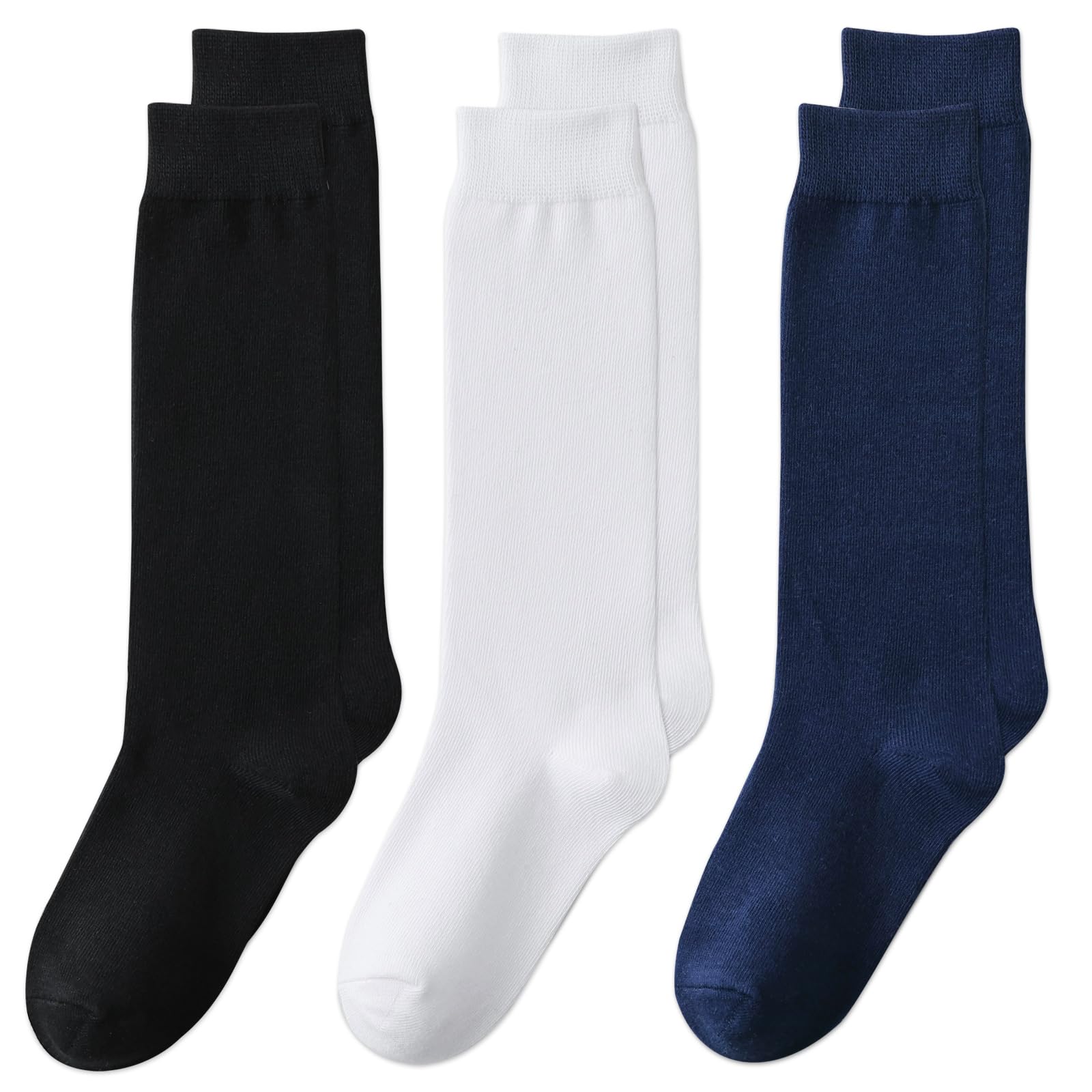 EPEIUS Kids Knee High Socks - Cotton School Uniform Socks for Boys & Girls (5T-15 Years) - White & Navy Blue Long Socks for School, Sports & Daily Wear