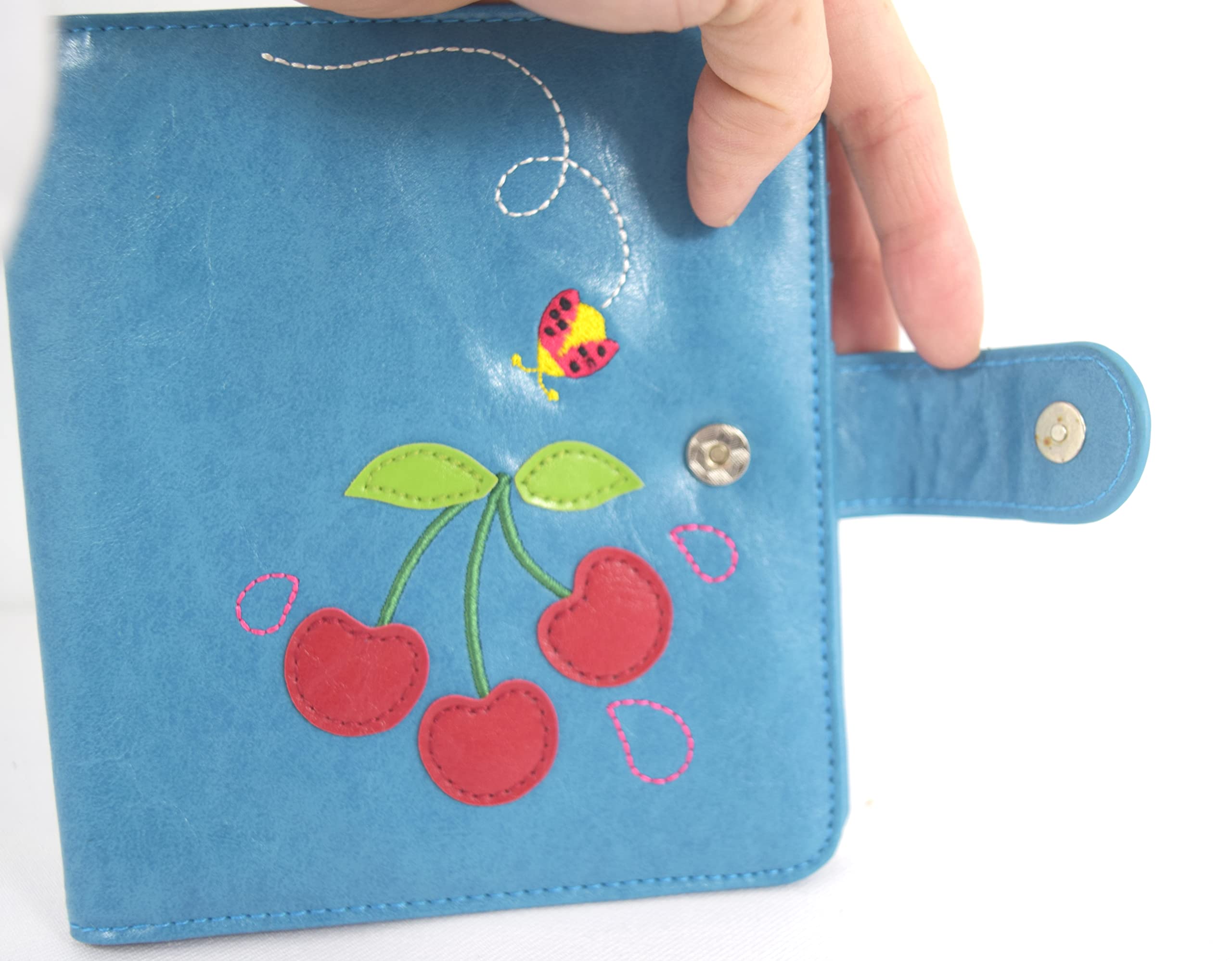 Blue Cherries Embroidered RFID Blocking Travel Passport Wallet - All-in-One Organizer for Passport, Credit Cards & Cash - Perfect for International Travel, Vacations & Business Trips