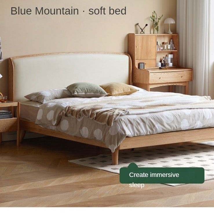 Premium Solid Oak Wood Bed Frame with Genuine Leather Headboard & Tech Fabric Upholstery - Modern Bedroom Furniture for Master Suite, Guest Room, or Apartment