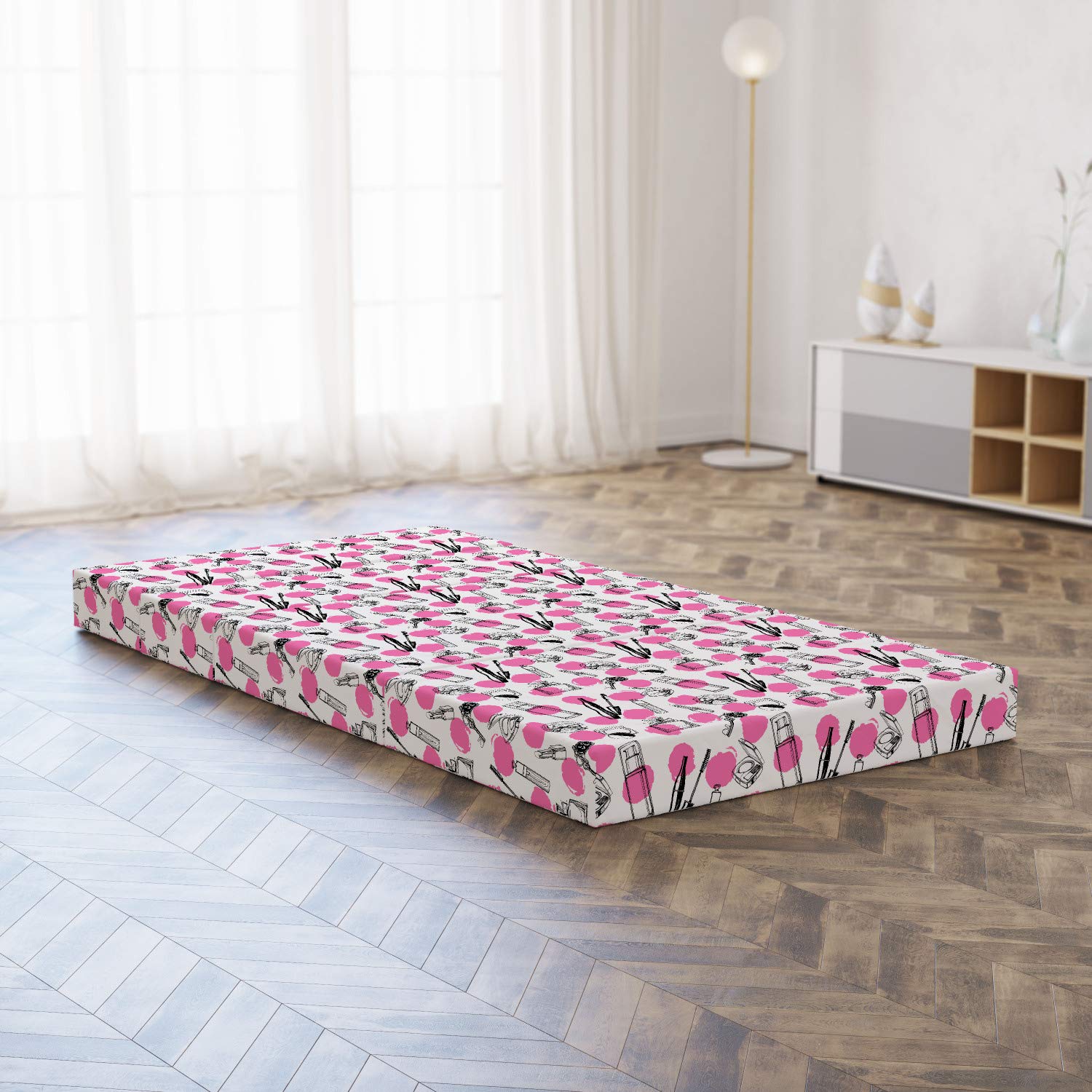 Ambesonne Feminine Foldable Mattress - Pink & Charcoal Grey Makeup Themed Twin Size (74.8