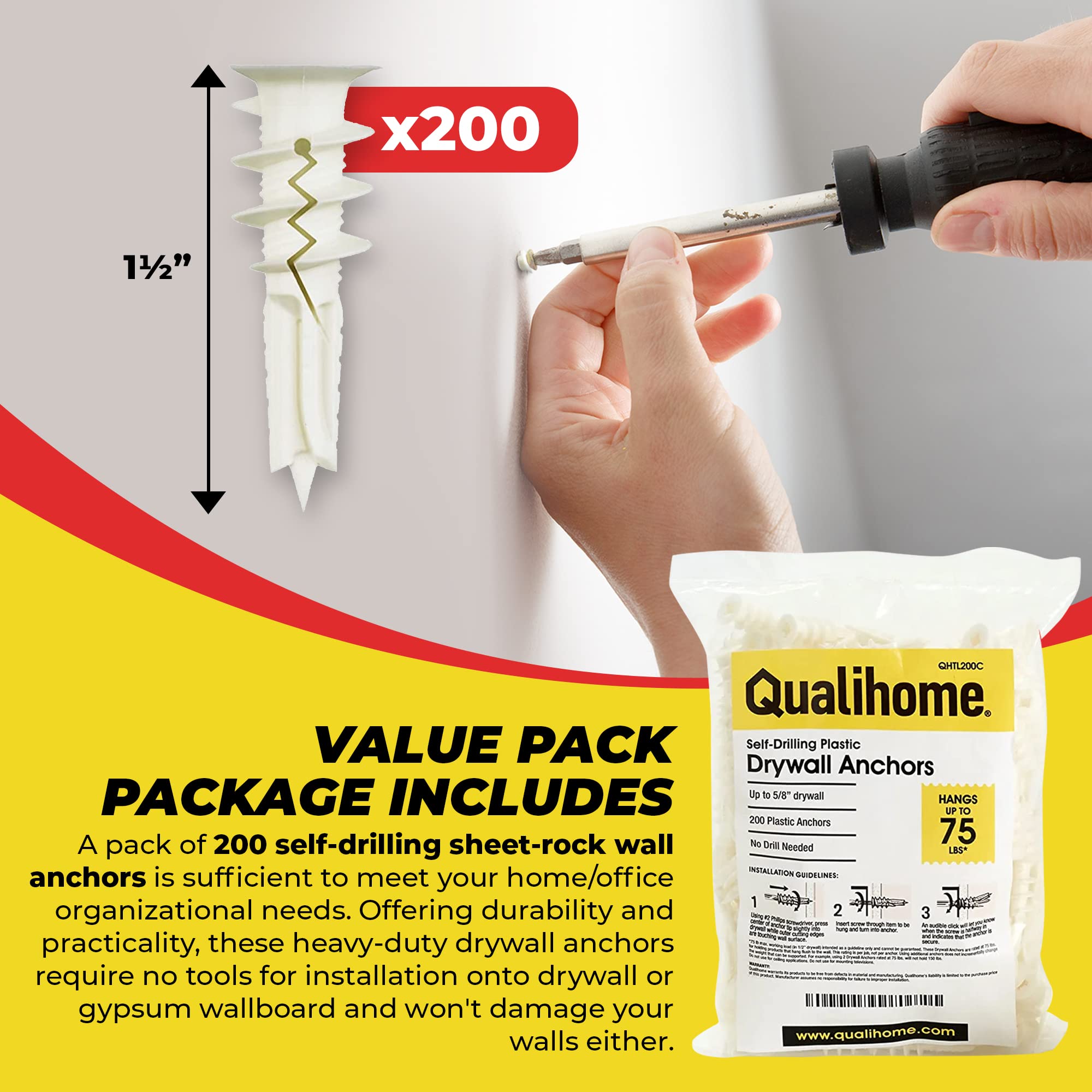 Qualihome Self Drilling Drywall Anchors - Heavy Duty Plastic Wall Anchors for Drywall, Gypsum Board & Sheetrock - No Pre-Drilling Needed - Holds 75 lbs (200 Pack) - Perfect for Hanging Pictures, Shelves, Mirrors & Home Decor